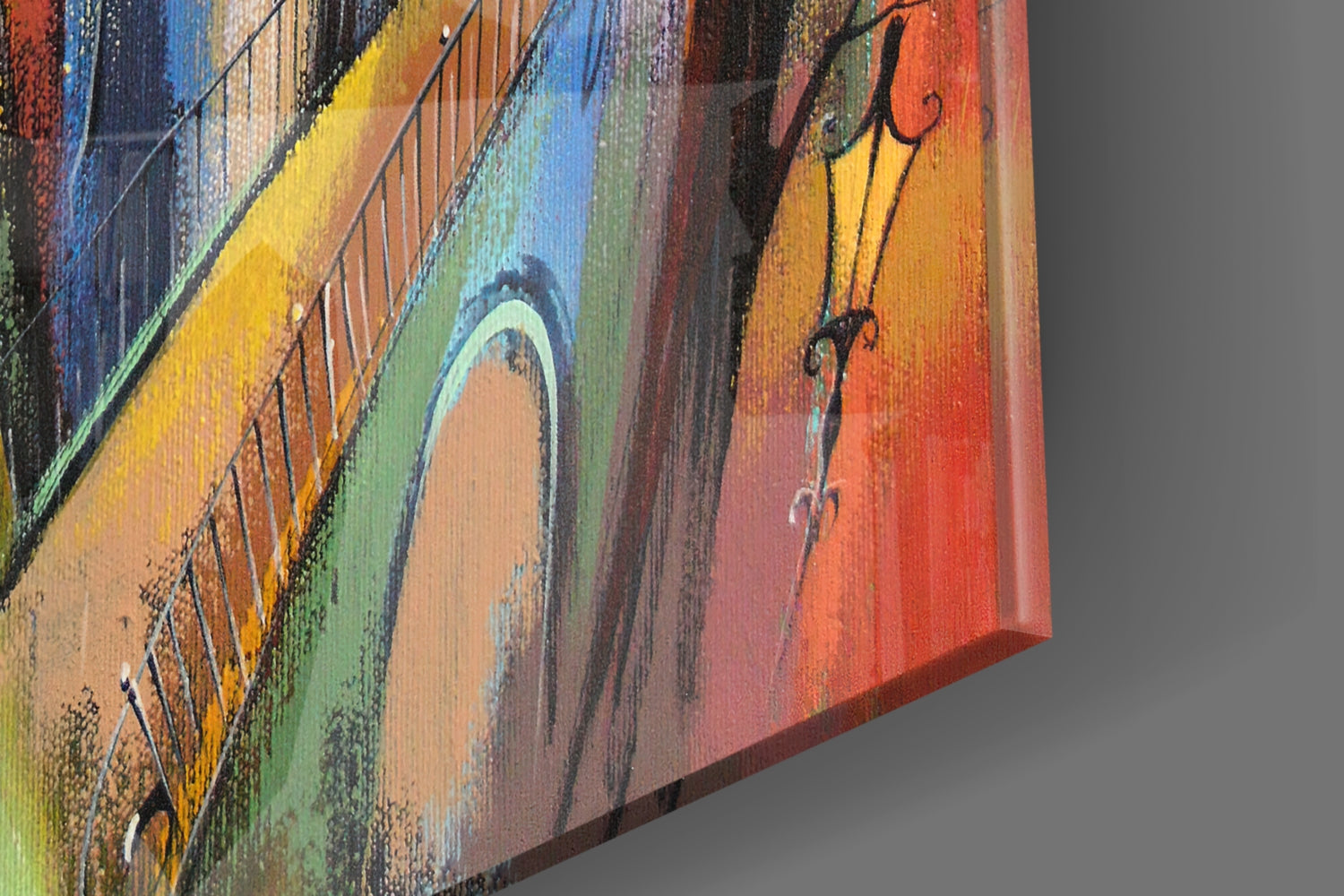 Whimsical Tilted Houses Golden Sun Glass Wall Art