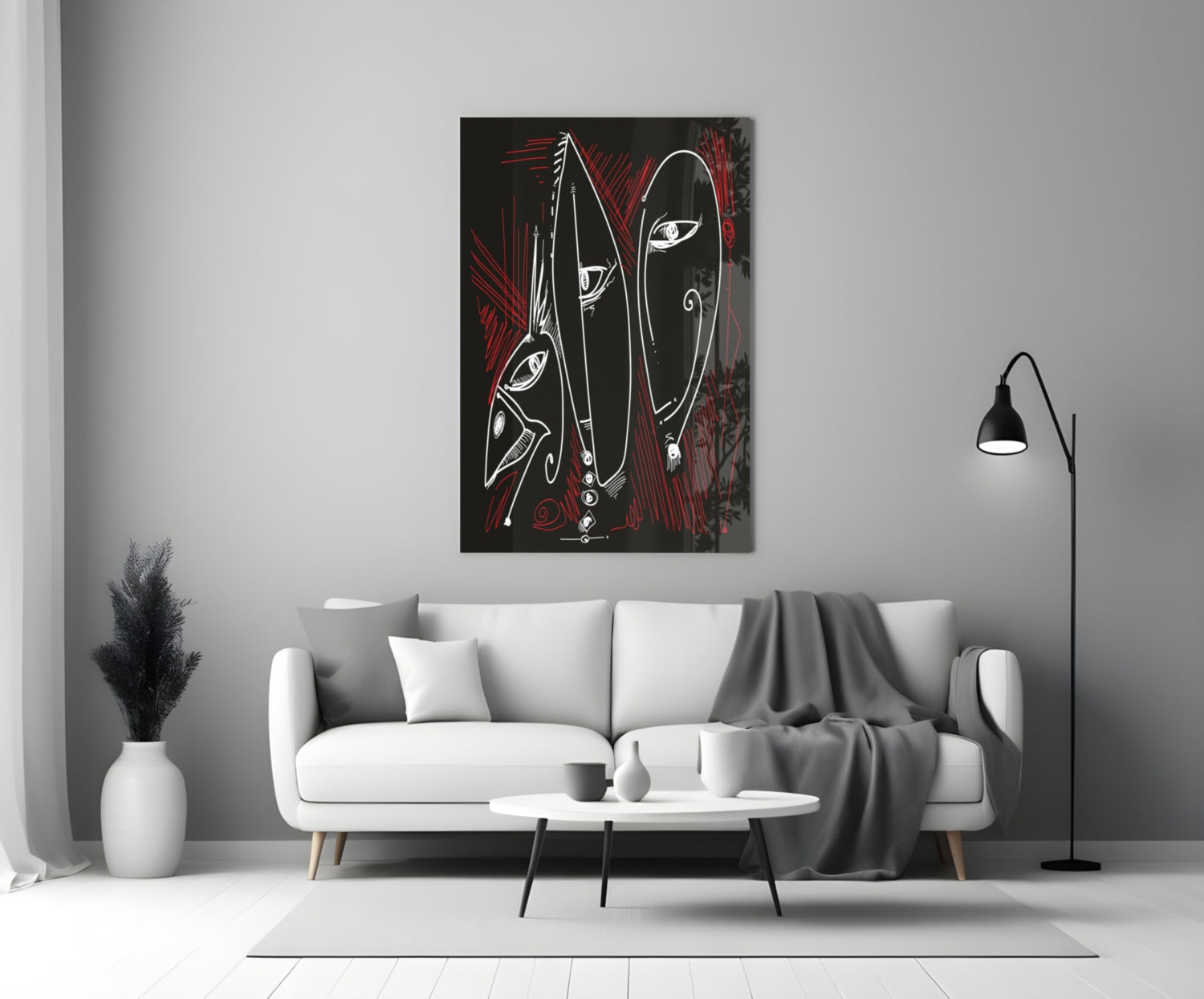 Line Art Faces Red Black Glass Wall Art