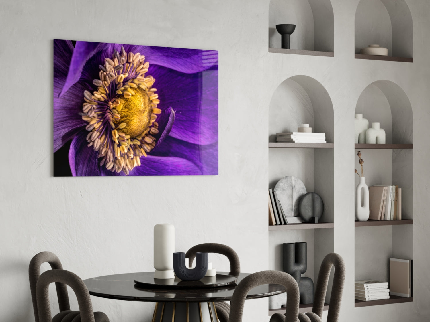 Purple Anemone Macro Yellow Flower Glass Wall Art