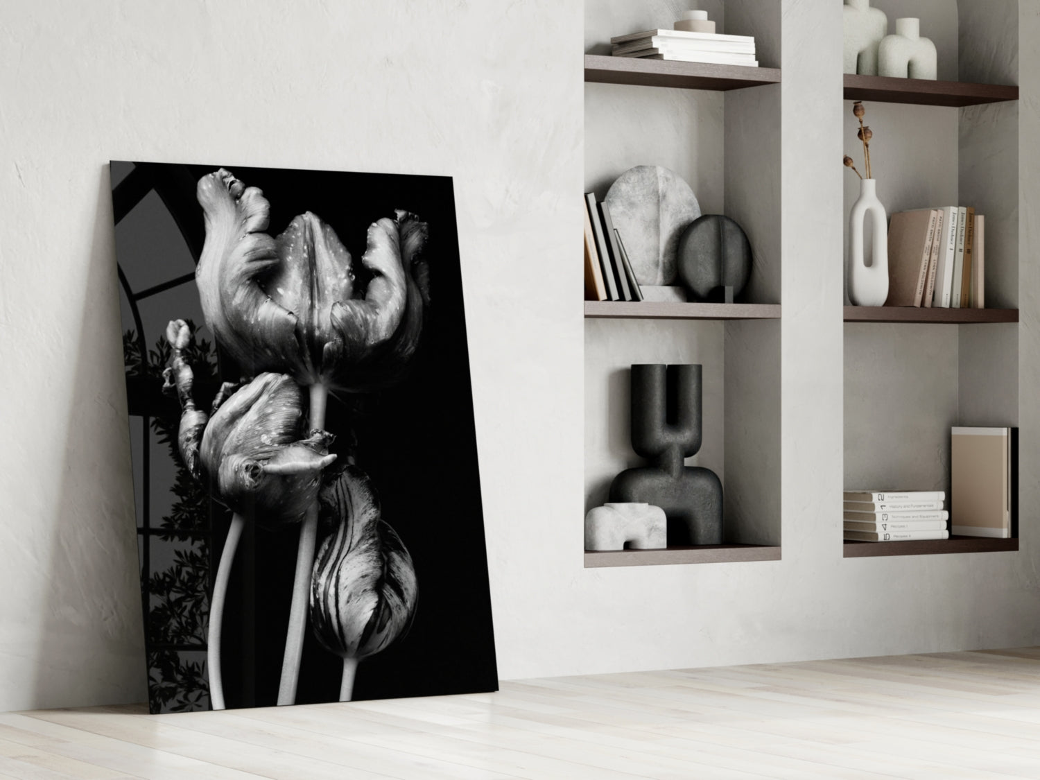 Three Parrot Tulips on Black Glass Wall Art