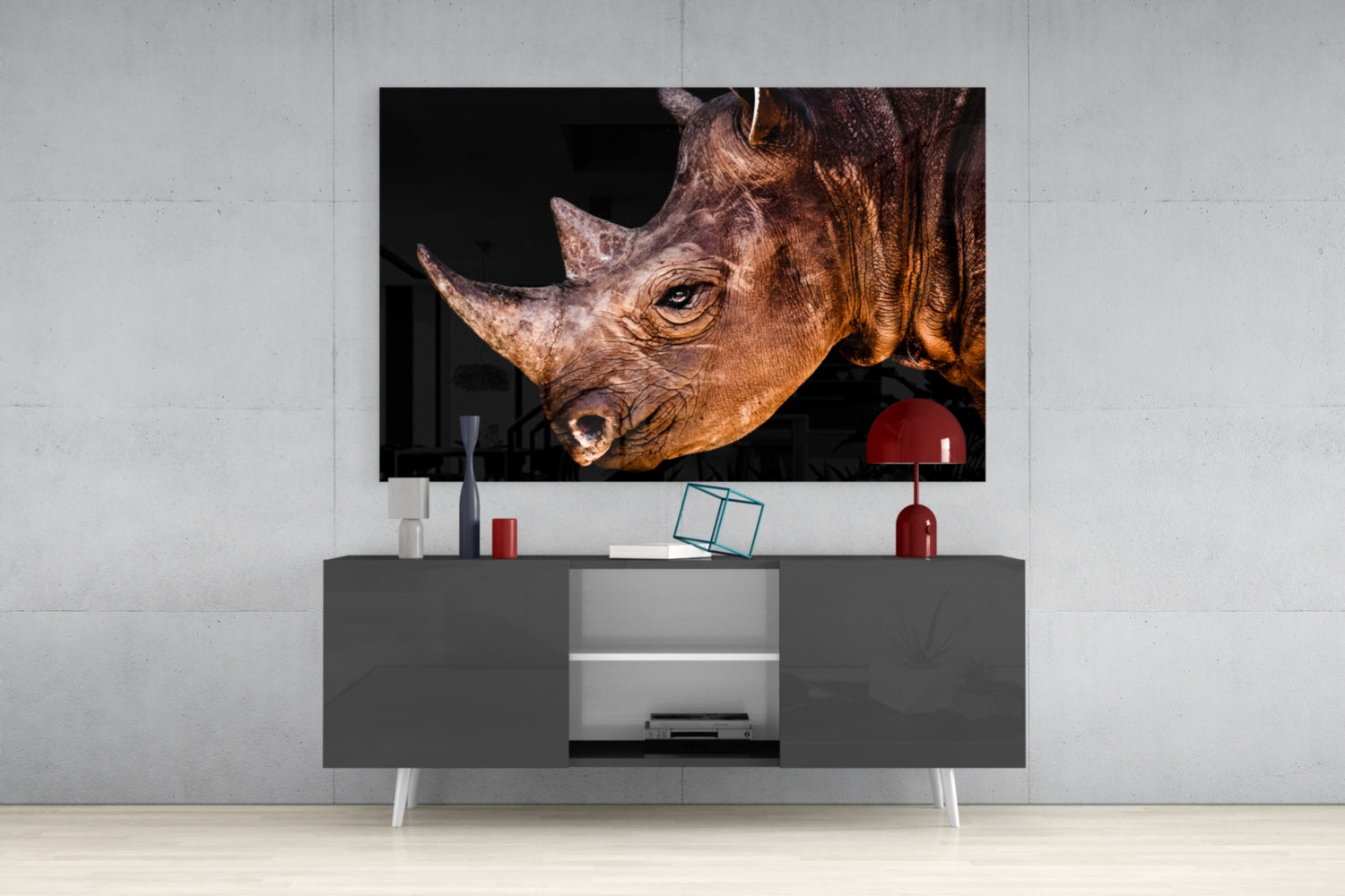 Warm Lit Rhino Close Up Glass Wall Art