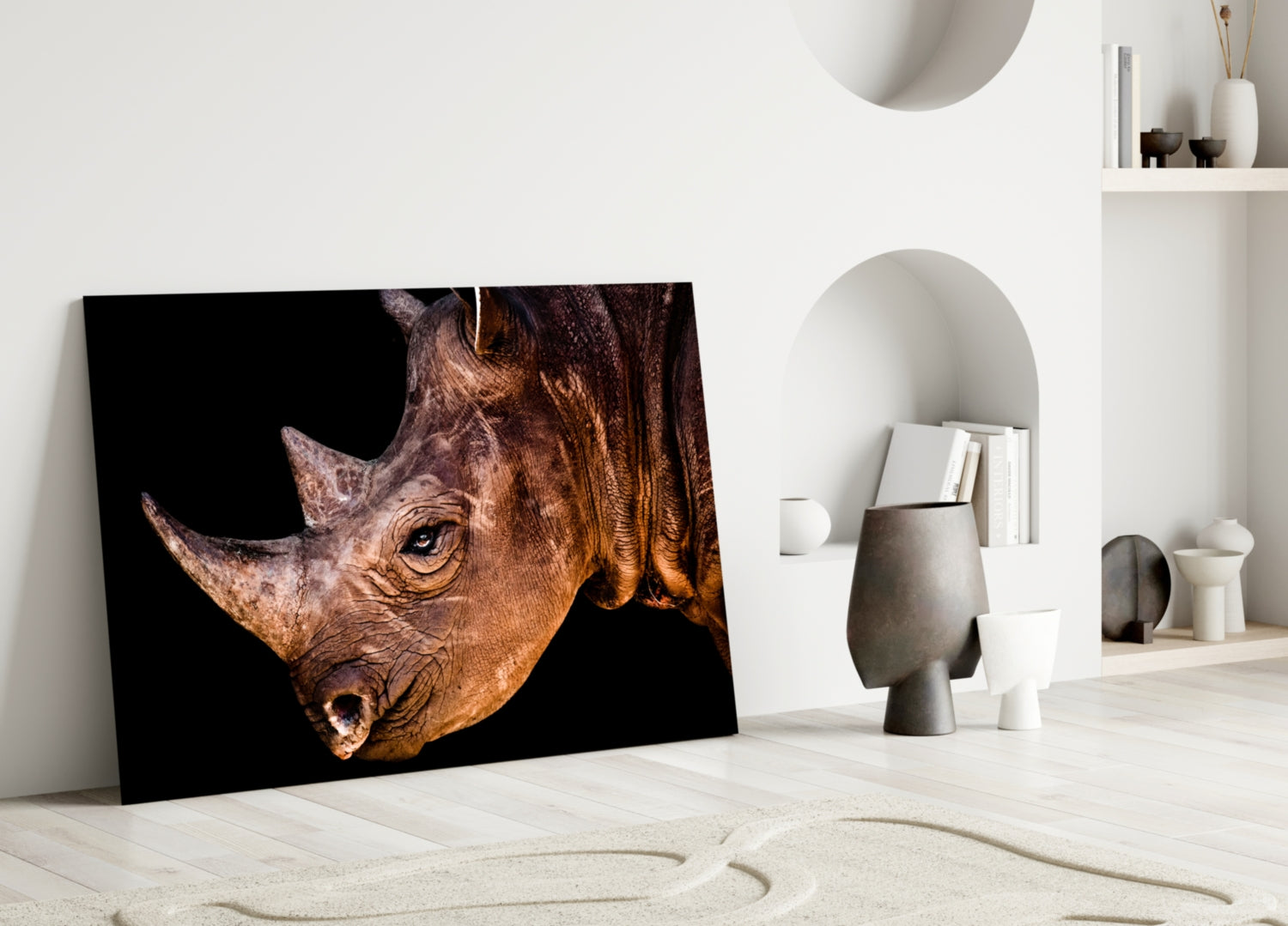Warm Lit Rhino Close Up Glass Wall Art