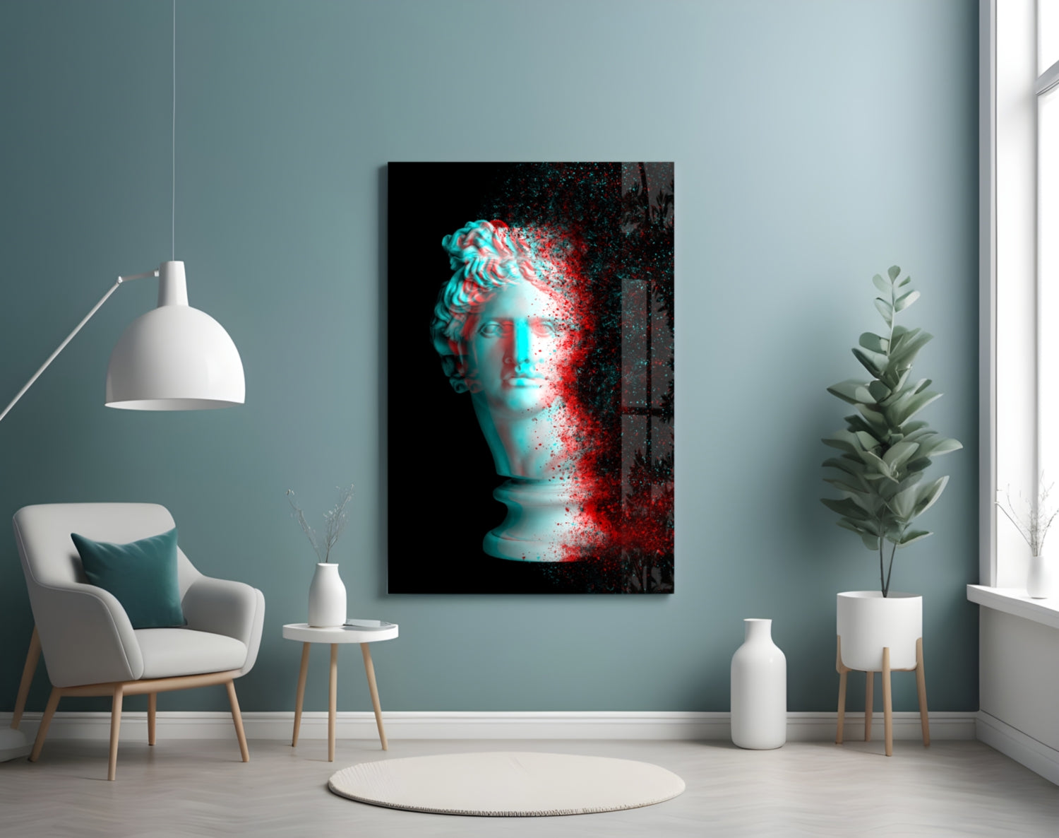 Red Cyan Glitch Apollo Head Glass Wall Art