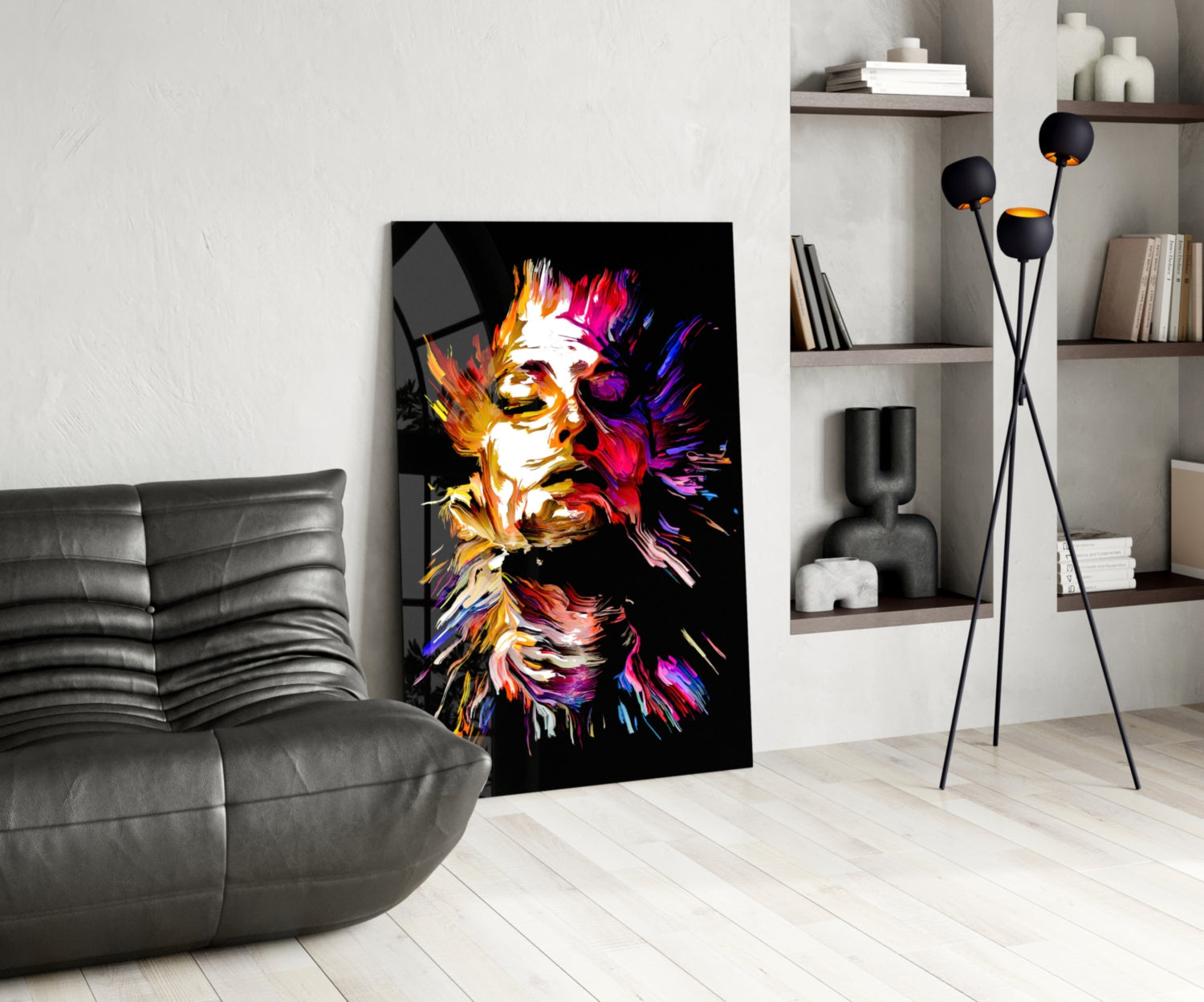 Golden Feathered Paint Face Glass Wall Art