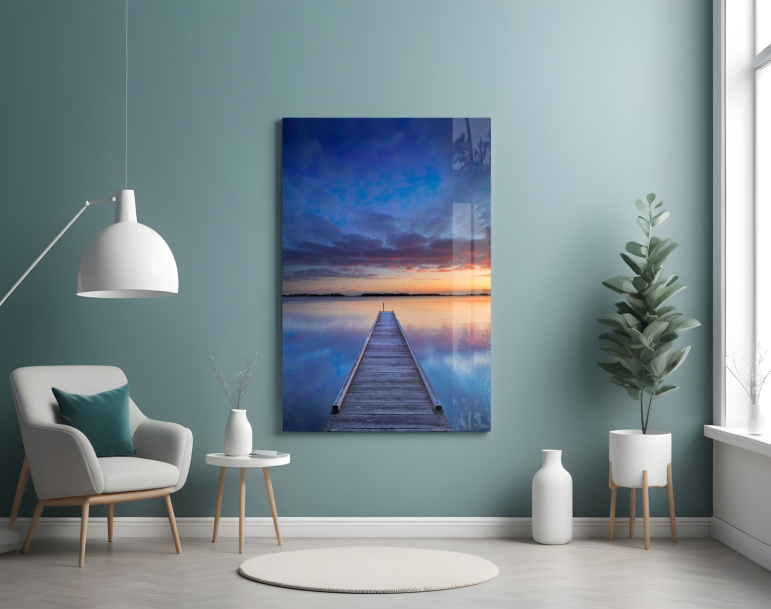 Blue Hour Lake Jetty Sunset Glass Wall Art