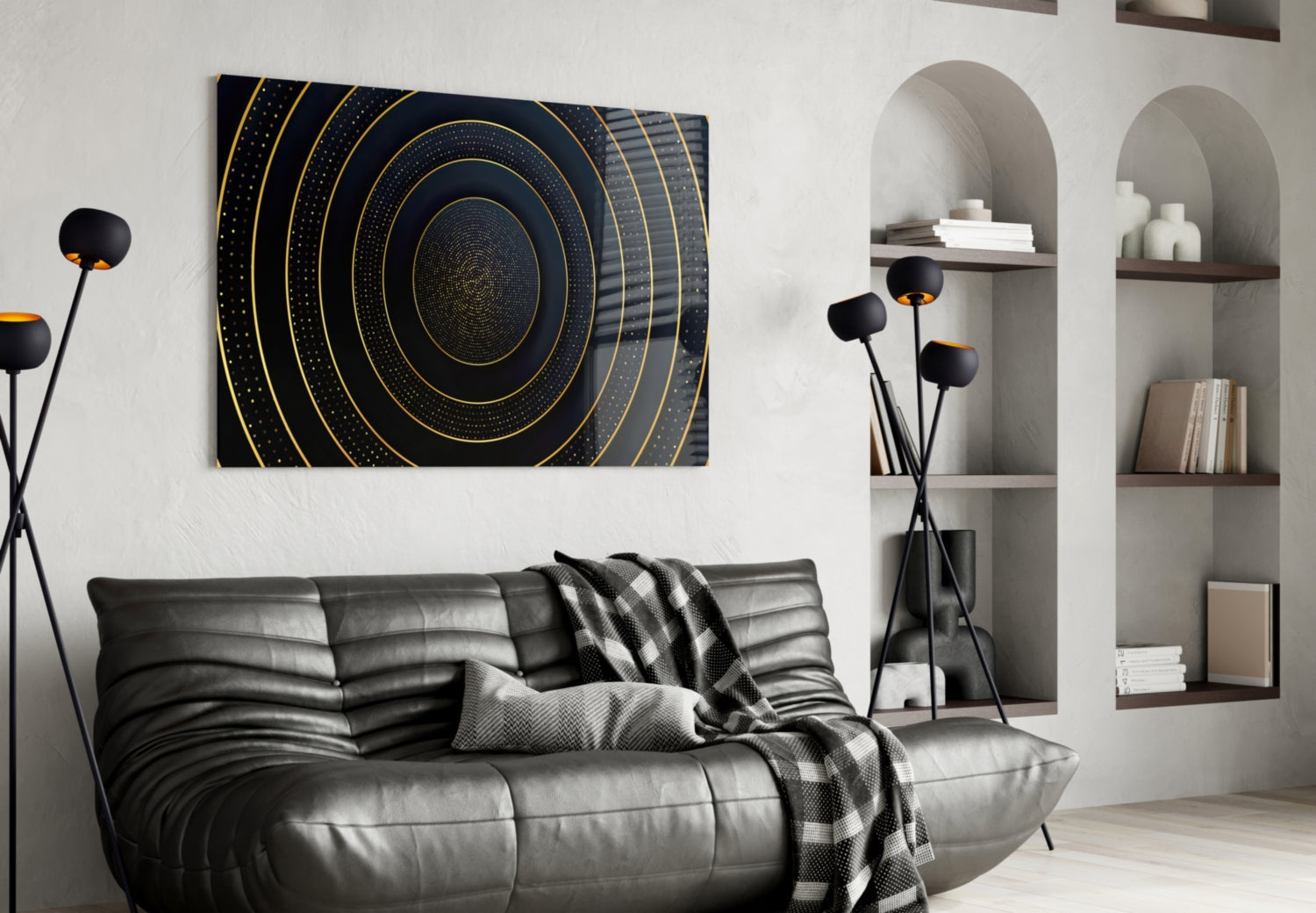 Gold Dotted Concentric Circles Glass Wall Art