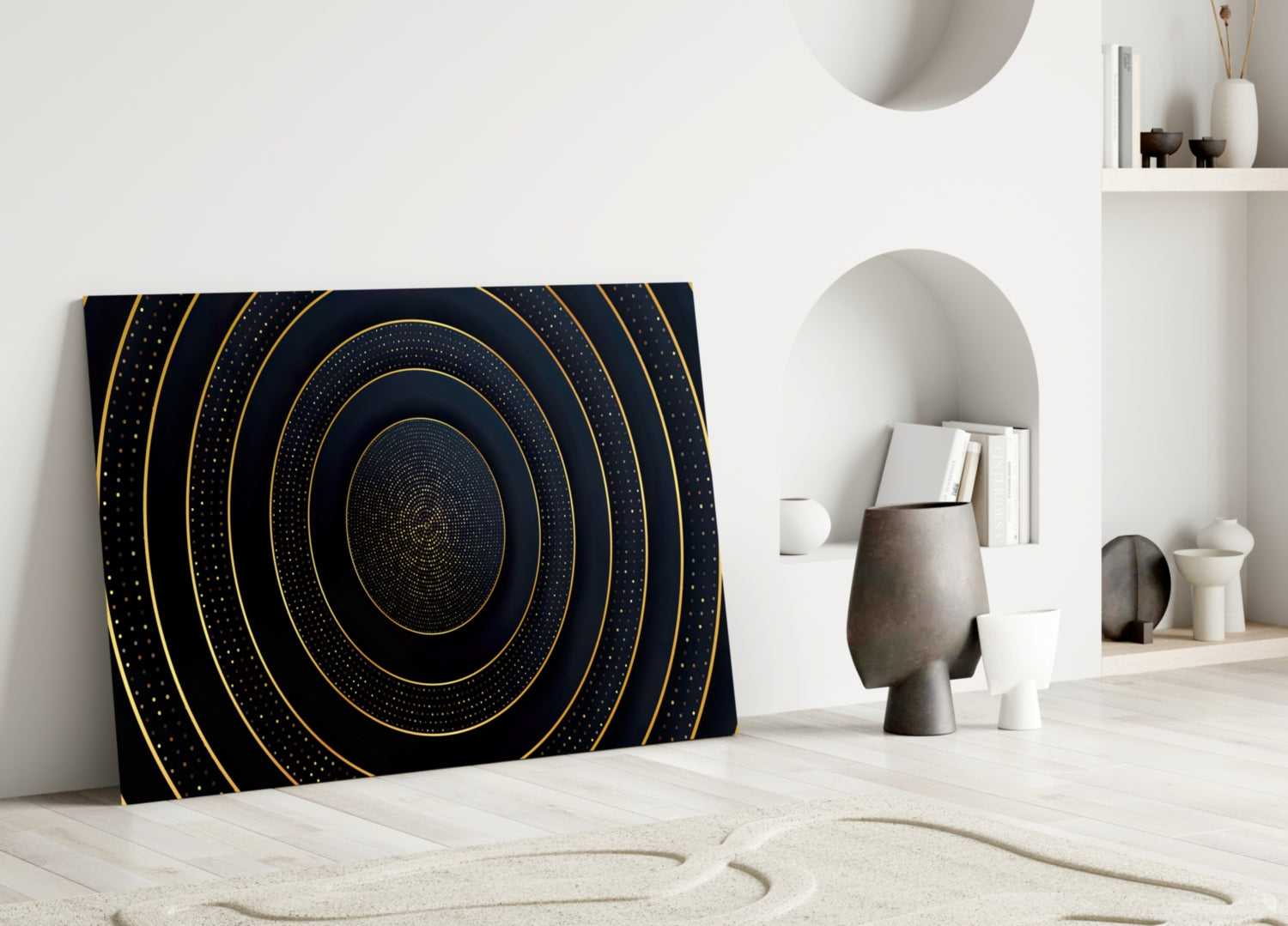 Gold Dotted Concentric Circles Glass Wall Art