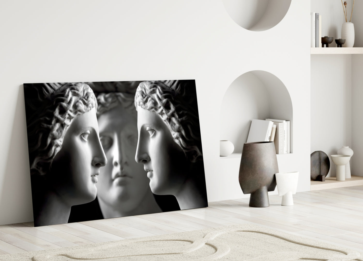 Black and White Mirrored Statue Faces Glass Wall Art