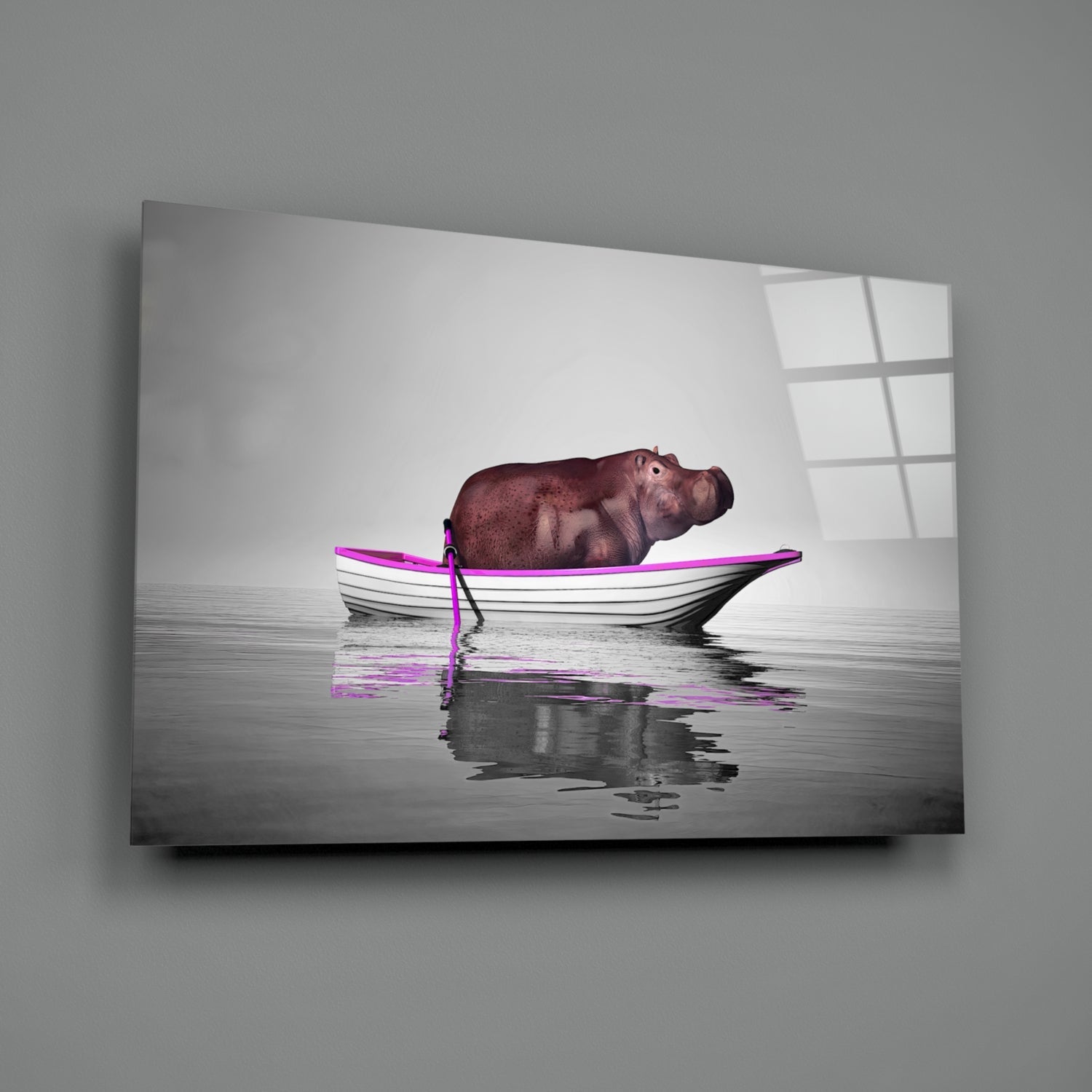 Hippo in Magenta Boat on Misty Lake Glass Wall Art