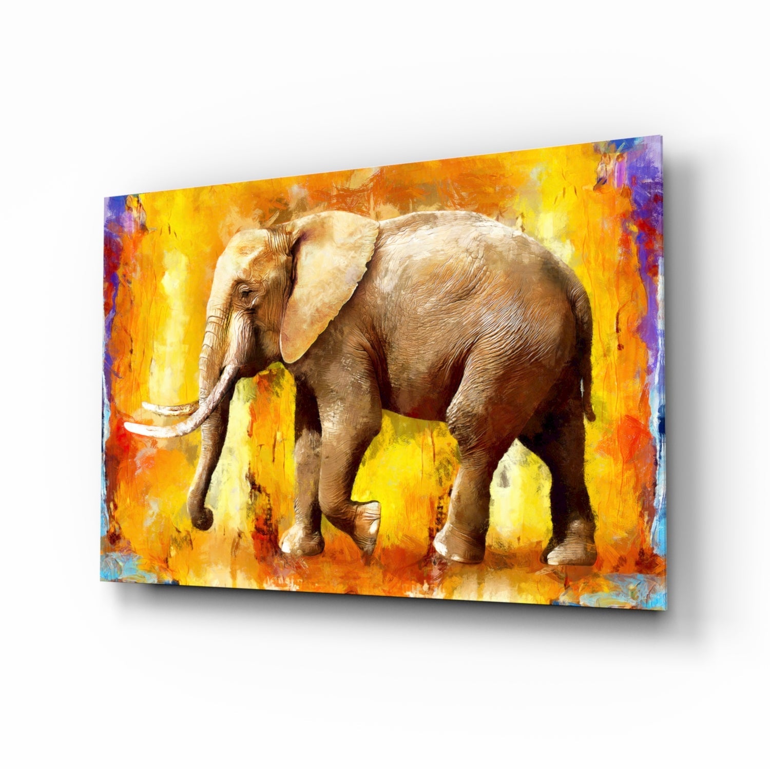 Golden Yellow Oil Painting Elephant Glass Wall Art