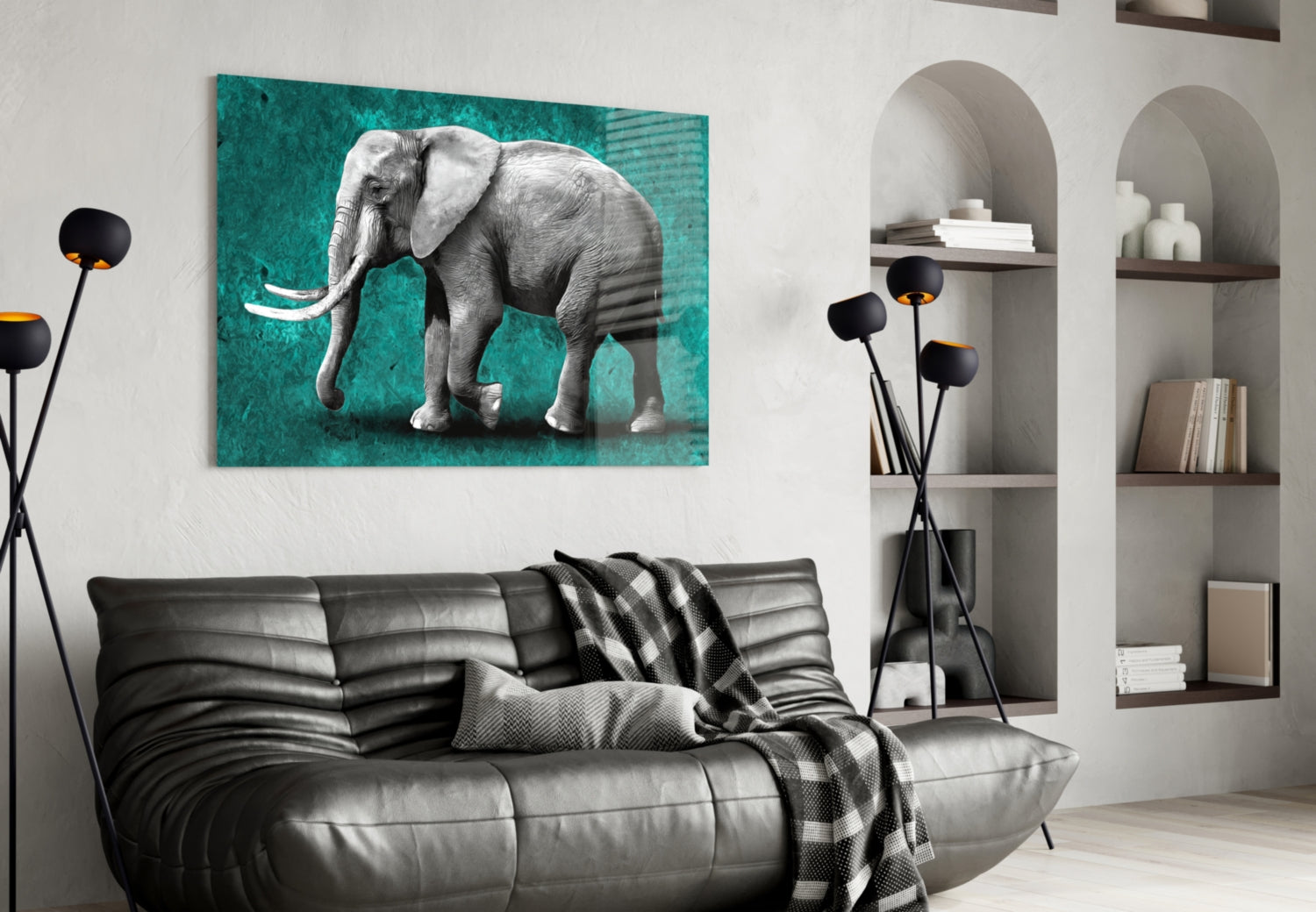 Grayscale Elephant Teal Backdrop Glass Wall Art