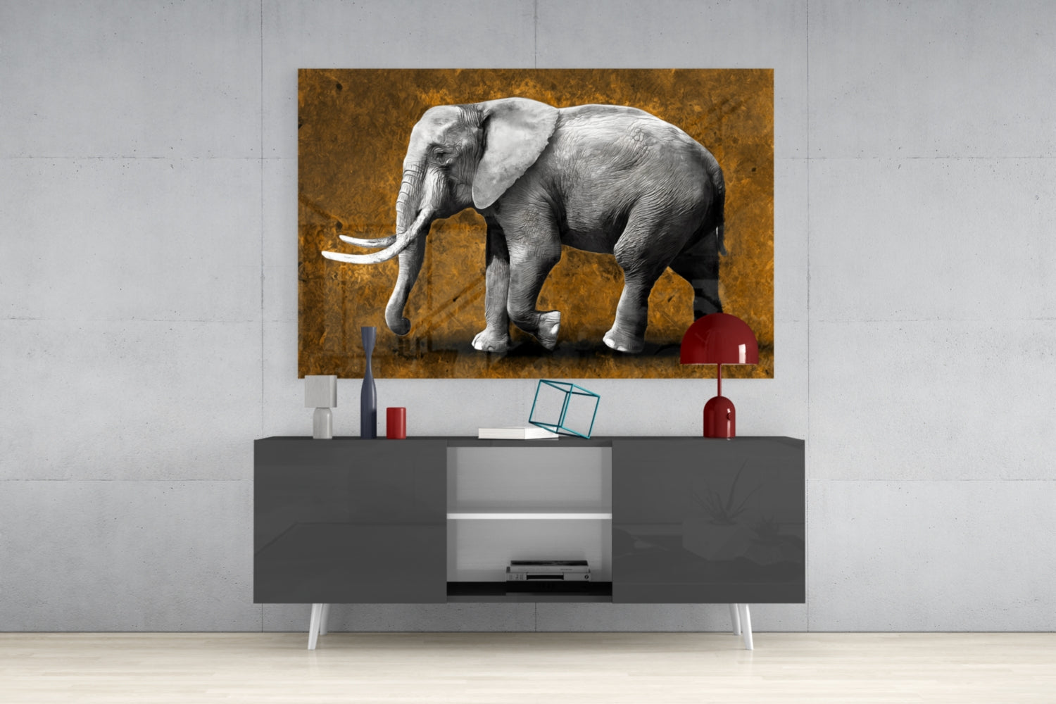 Grayscale Elephant Golden Backdrop Glass Wall Art