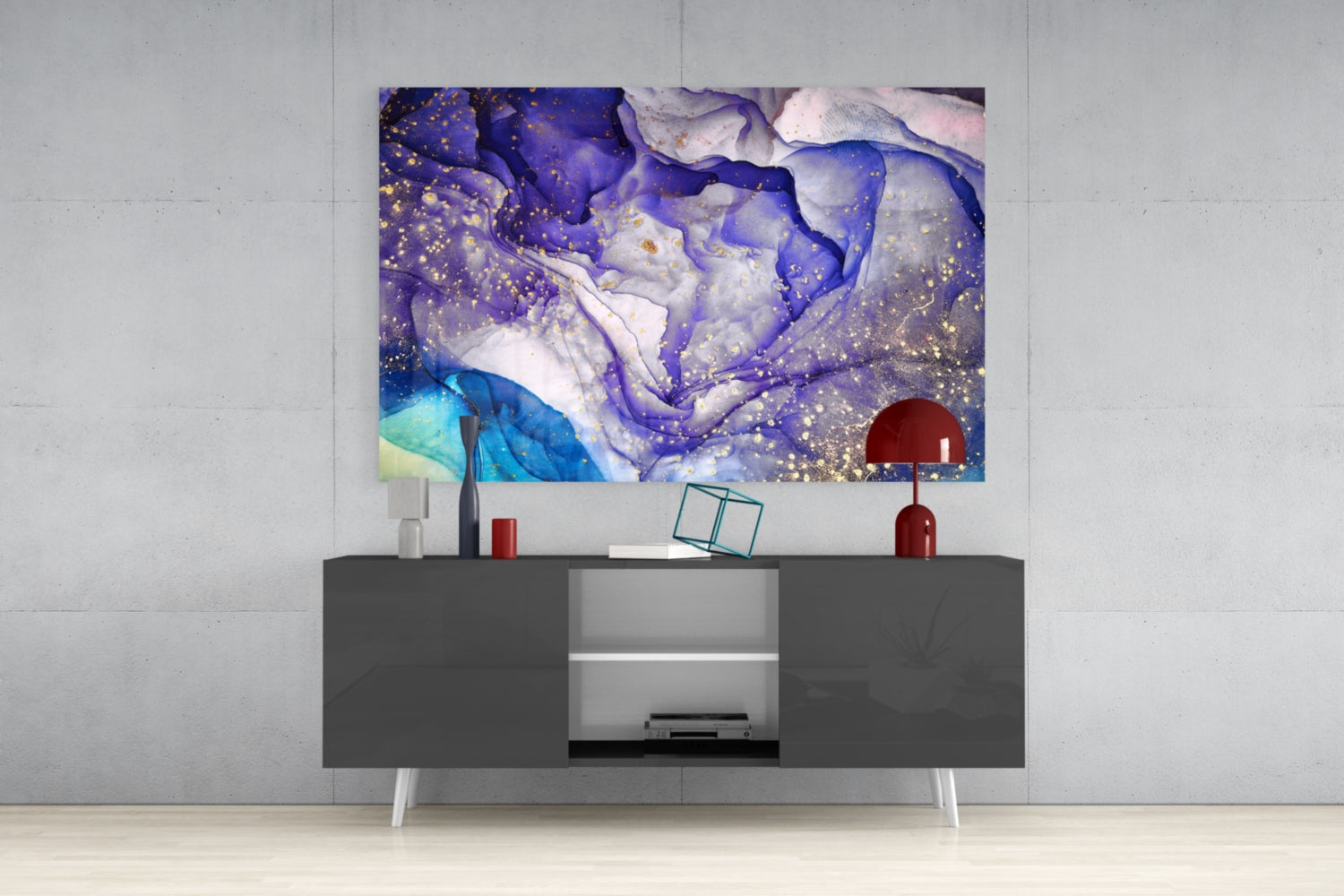 Violet Ink and Gold Splatter Glass Wall Art