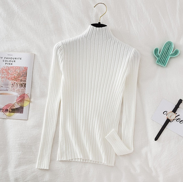 Pullover Ribbed Knitted Sweater Autumn Winter Clothes Women 2021 High Neck Long Sleeve