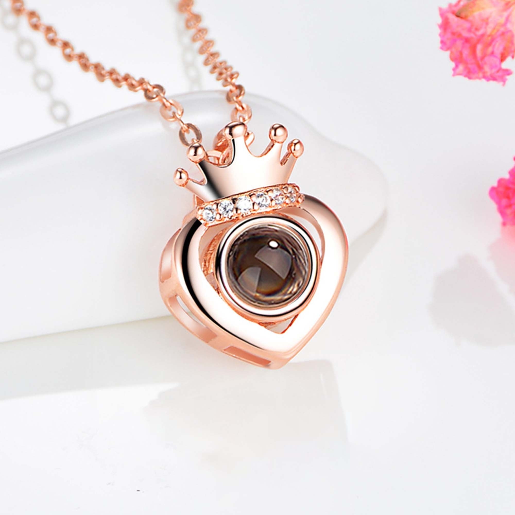 Customized Projection Photo Rose Gold Silver Color Projection Heart Crown Pendant Necklace