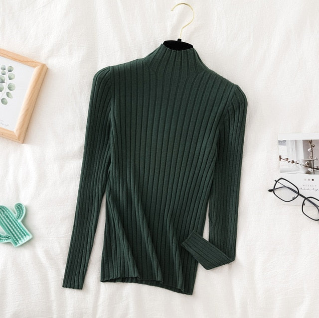 Pullover Ribbed Knitted Sweater Autumn Winter Clothes Women 2021 High Neck Long Sleeve