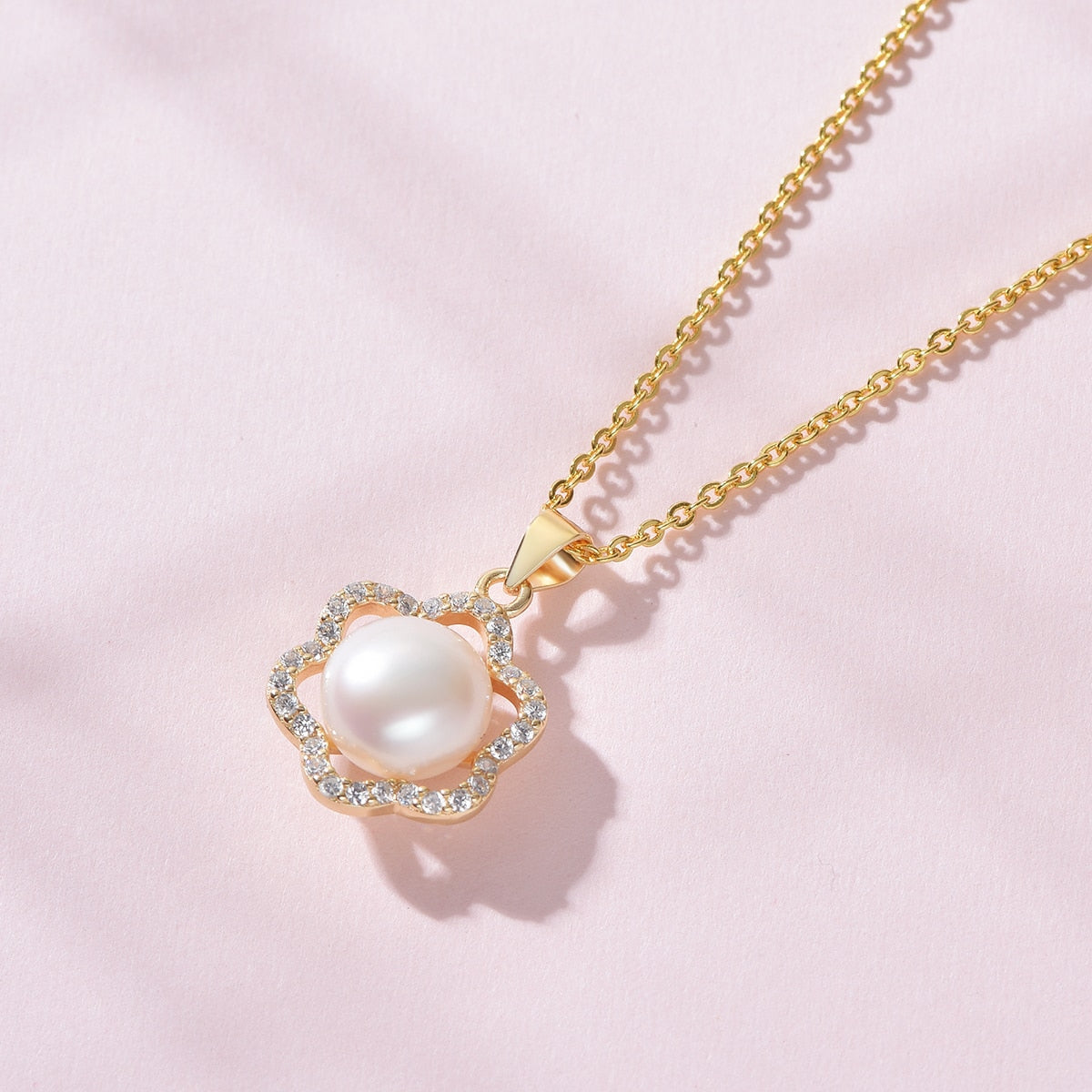 Pearl White Natural Freshwater 8-9mm Silver Gold Plated Flower Zirconia Pendants Necklaces