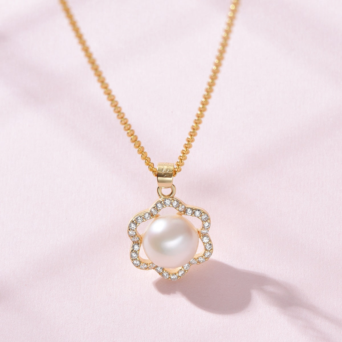 Pearl White Natural Freshwater 8-9mm Silver Gold Plated Flower Zirconia Pendants Necklaces