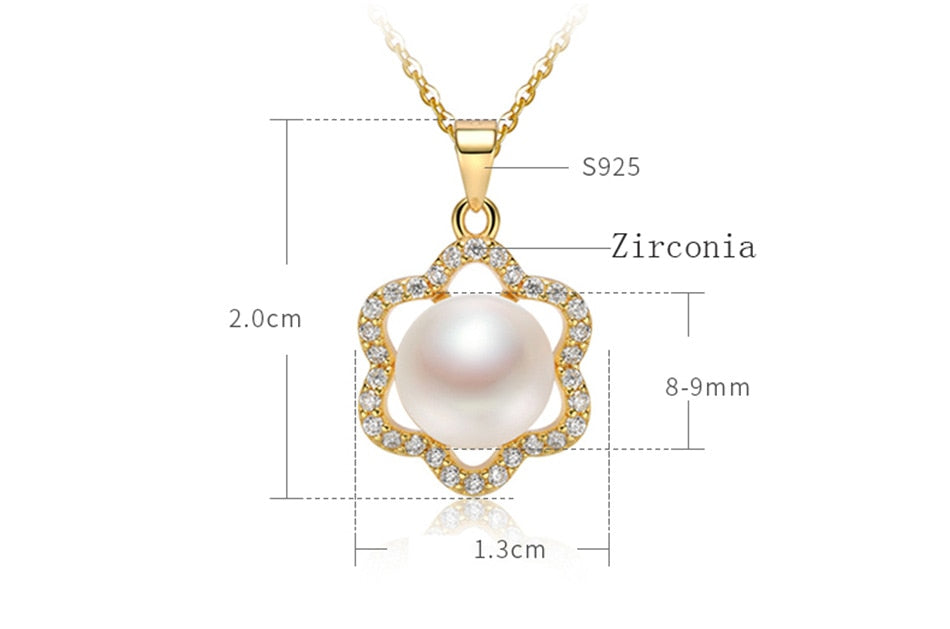 Pearl White Natural Freshwater 8-9mm Silver Gold Plated Flower Zirconia Pendants Necklaces