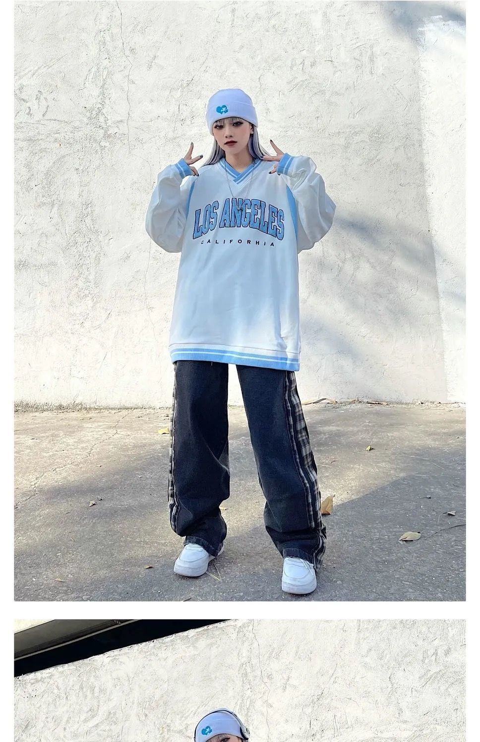 LOS ANGELES CALIFORHIA Embroidered Sweatshirts Oversized V Neck Pullovers