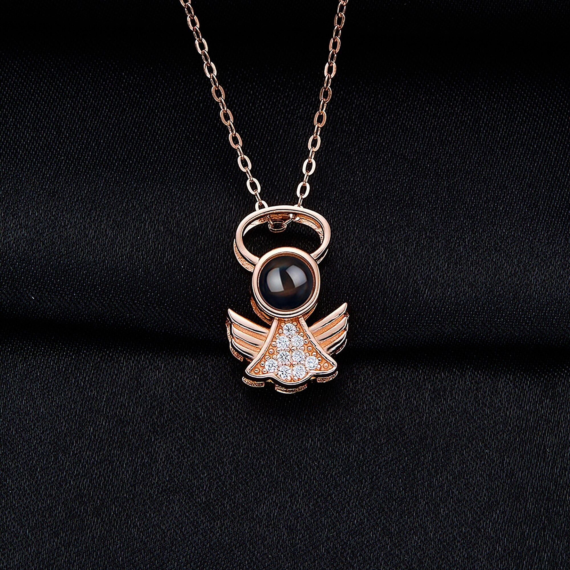 Personalized Angel Necklace With Wings Custom Projection Name Photo Pendant Necklaces