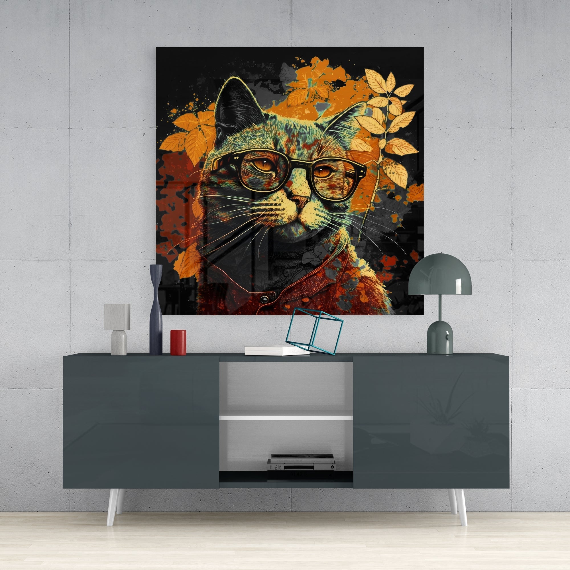 Black Backdrop Cat in Glasses Glass Wall Art