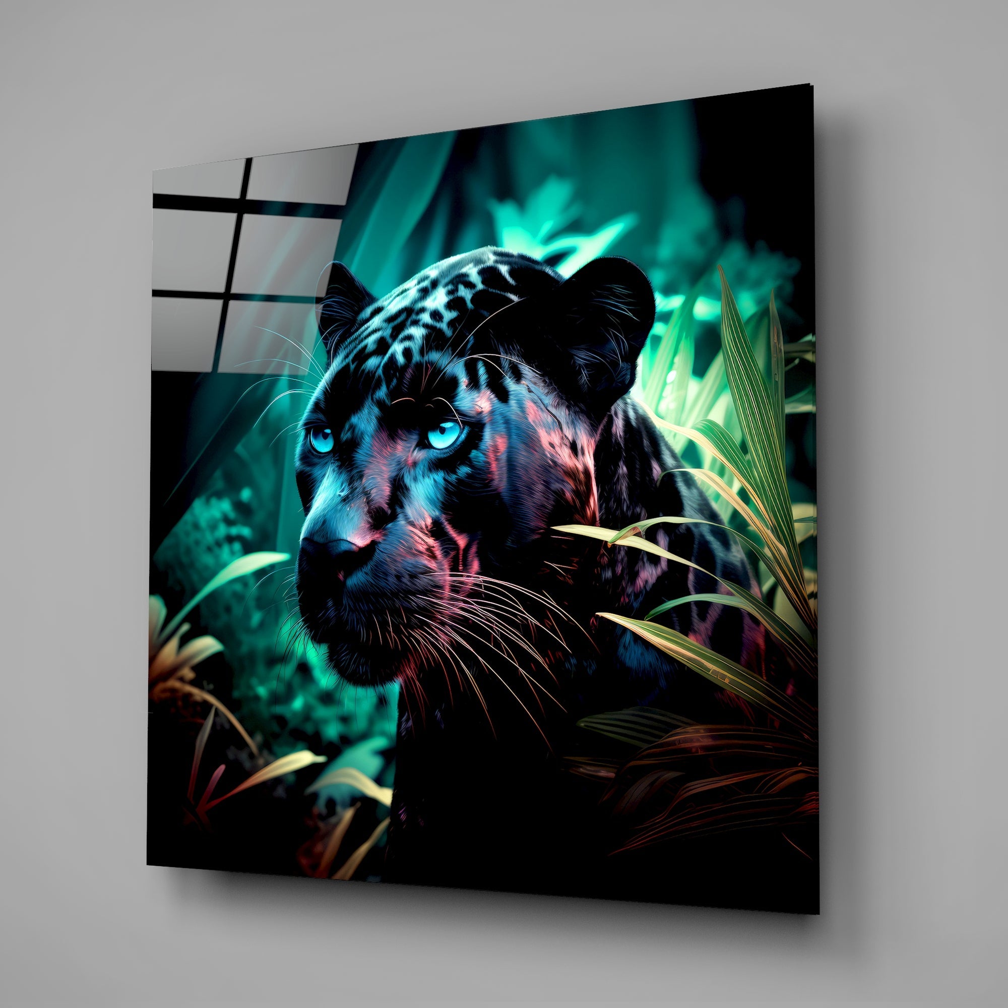 Blue Eyed Panther in Jungle Glass Wall Art