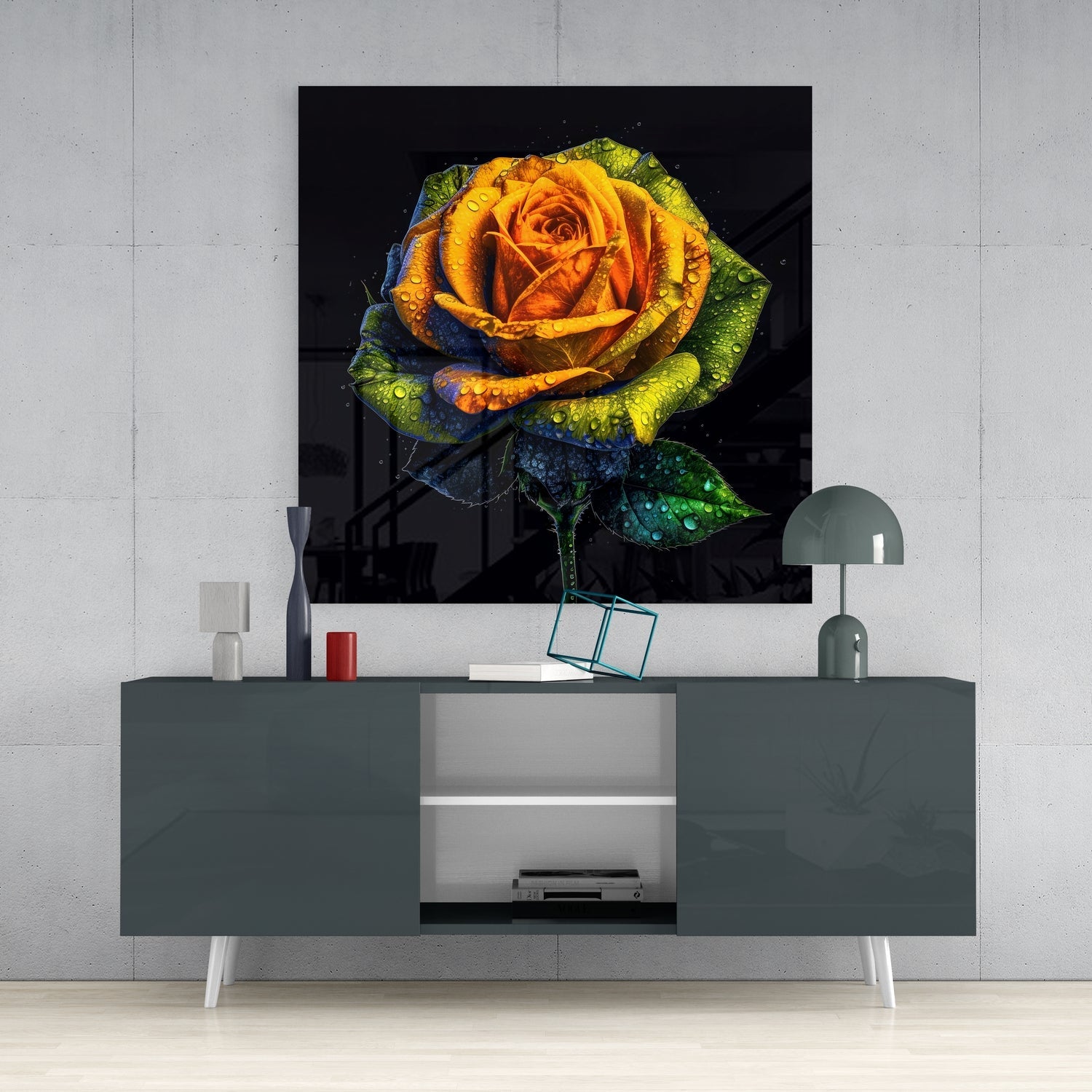 Dewdrop Golden Rose Black Glass Wall Art