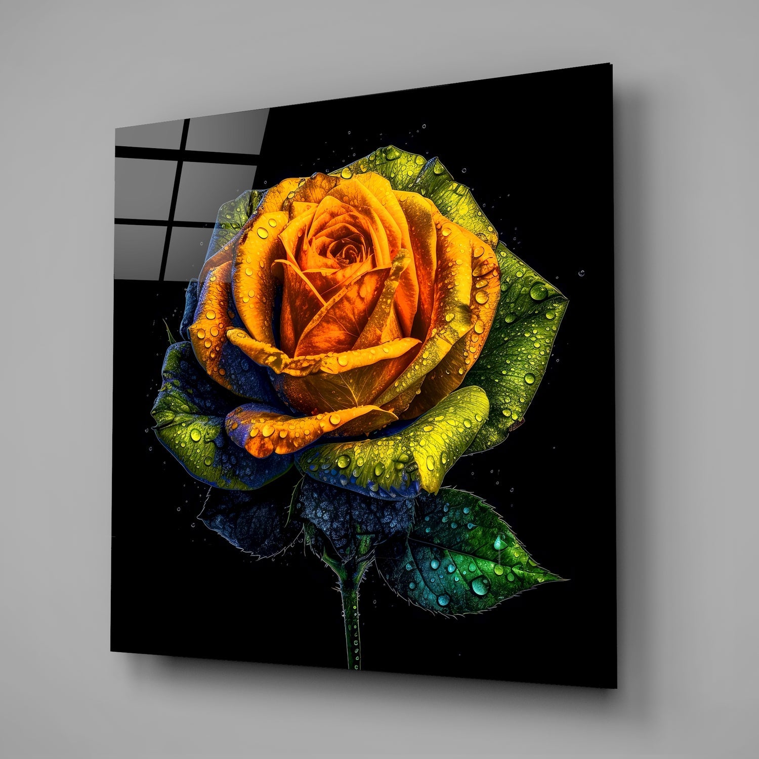 Dewdrop Golden Rose Black Glass Wall Art
