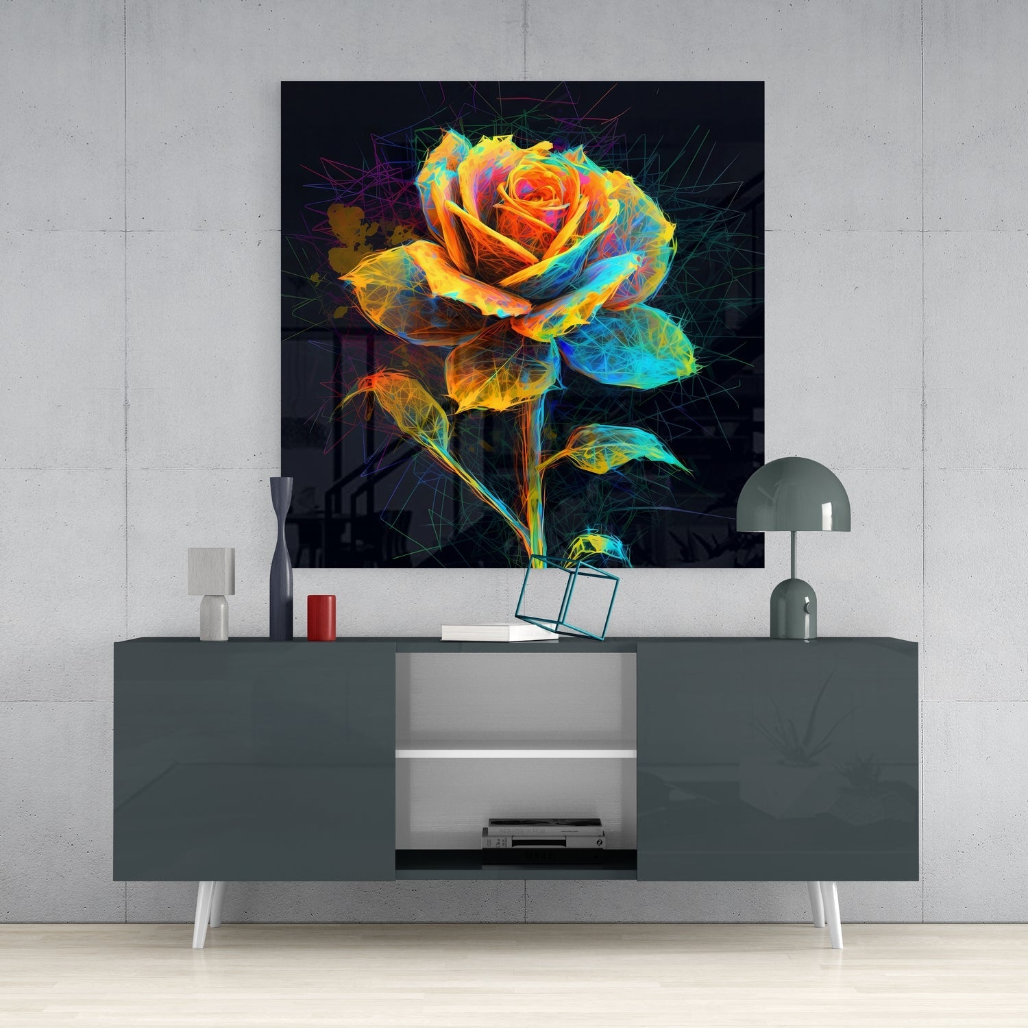 Neon Wireframe Rose Black Glass Wall Art