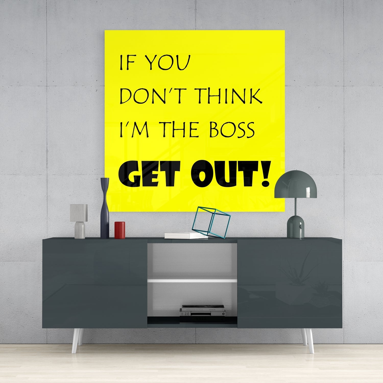 Yellow Background Black Boss Quote Glass Wall Art