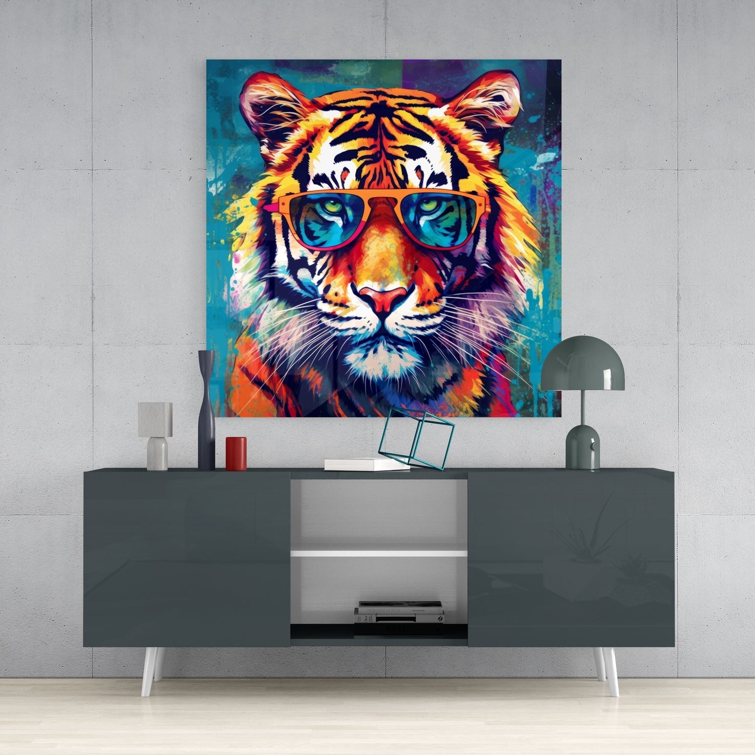 Teal Pop Tiger in Sunglasses Glass Wall Art