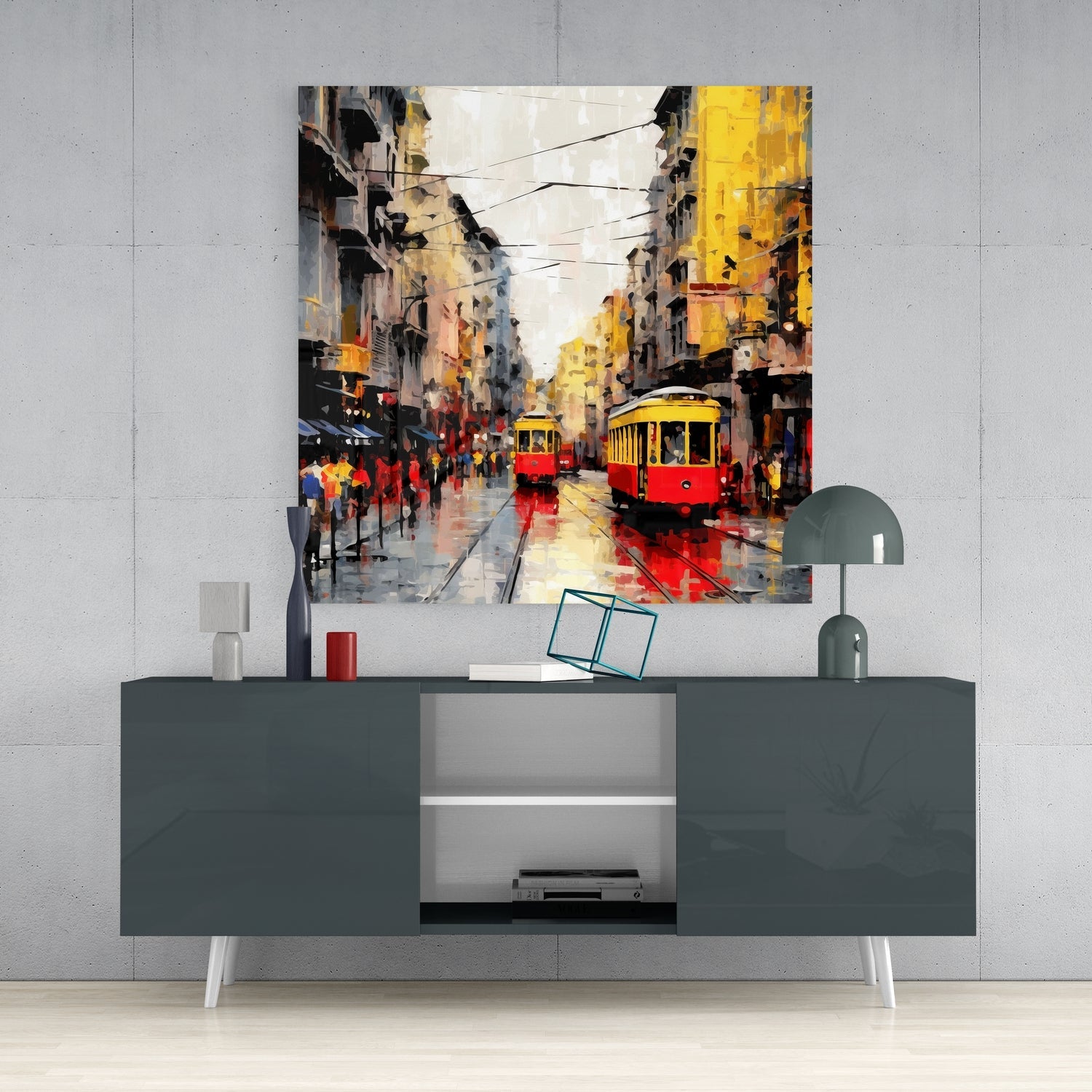 Yellow Tram Rainy Avenue Glass Wall Art