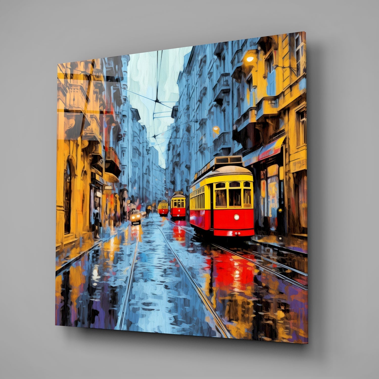 Blue Dusk Tram Street Glass Wall Art