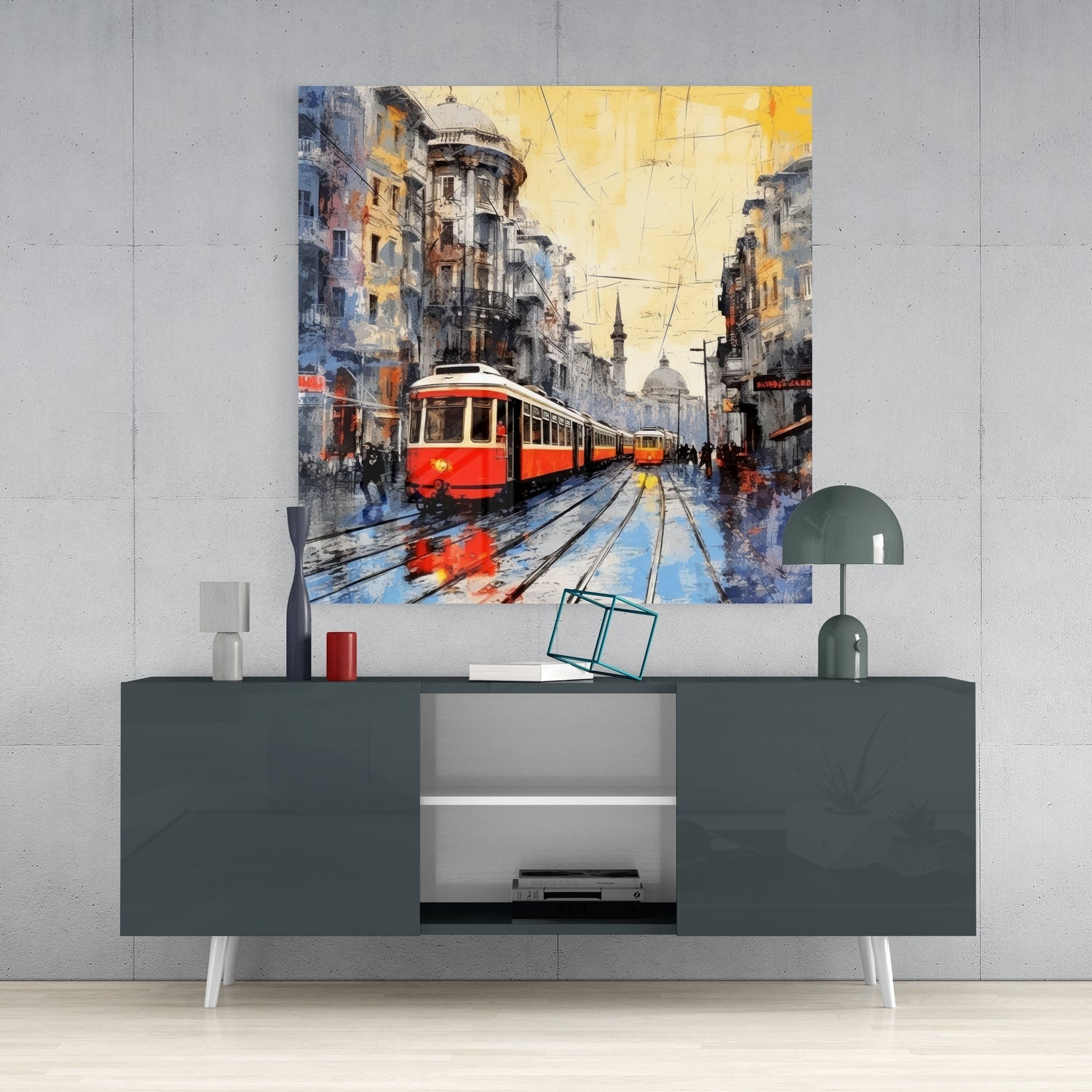 Amber Sky Red Tram Glass Wall Art