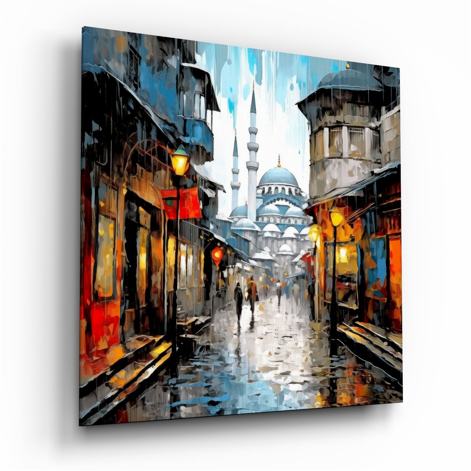 Rainy Mosque Street Lanterns Glass Wall Art