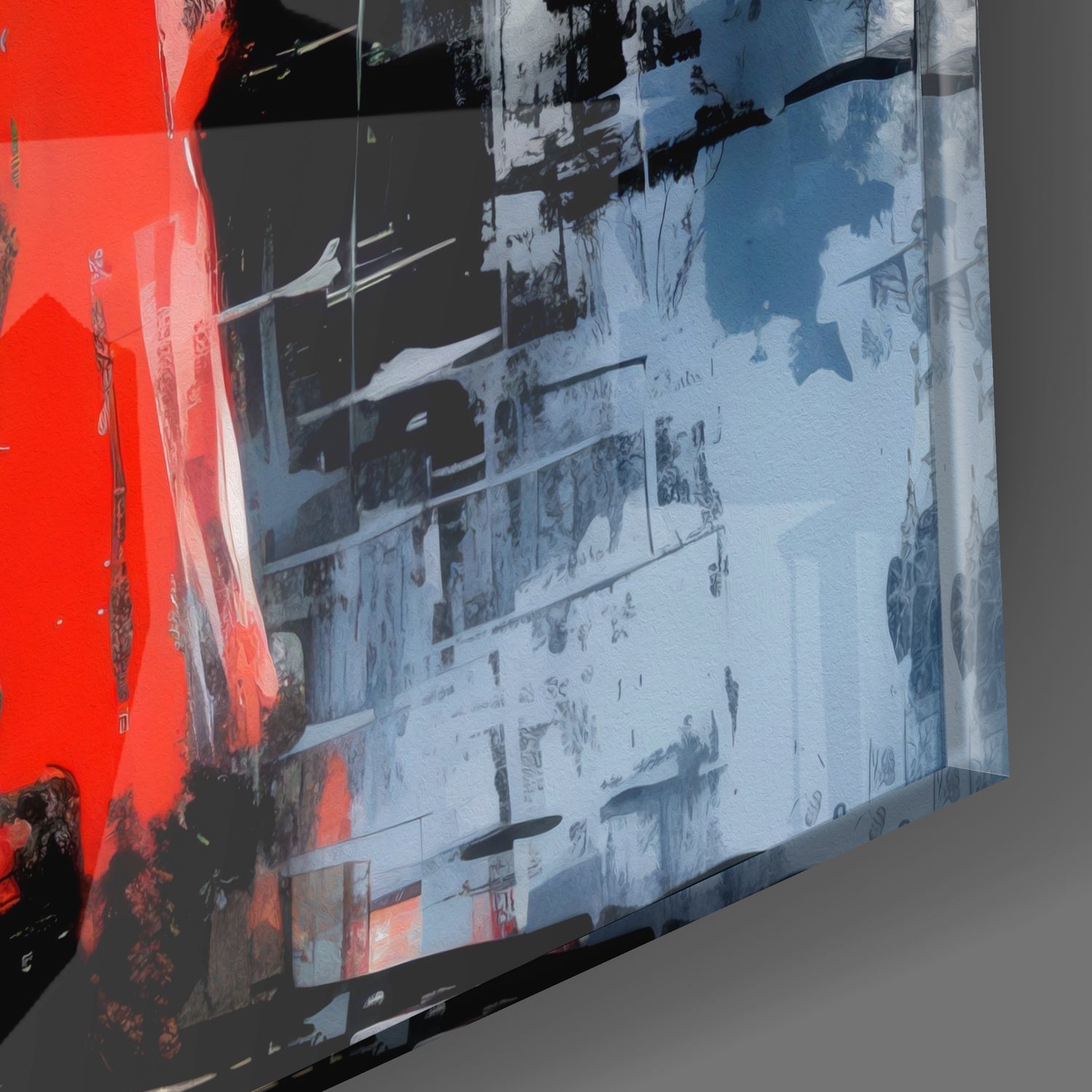 Red Coated Figure on Blue Street Glass Wall Art