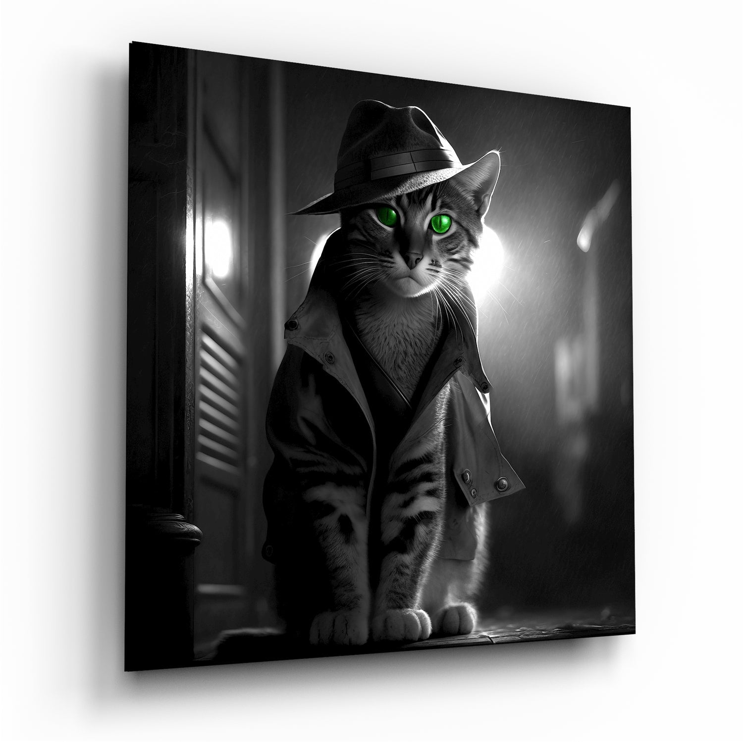 Green Eyed Detective Cat in Trench Coat Glass Wall Art