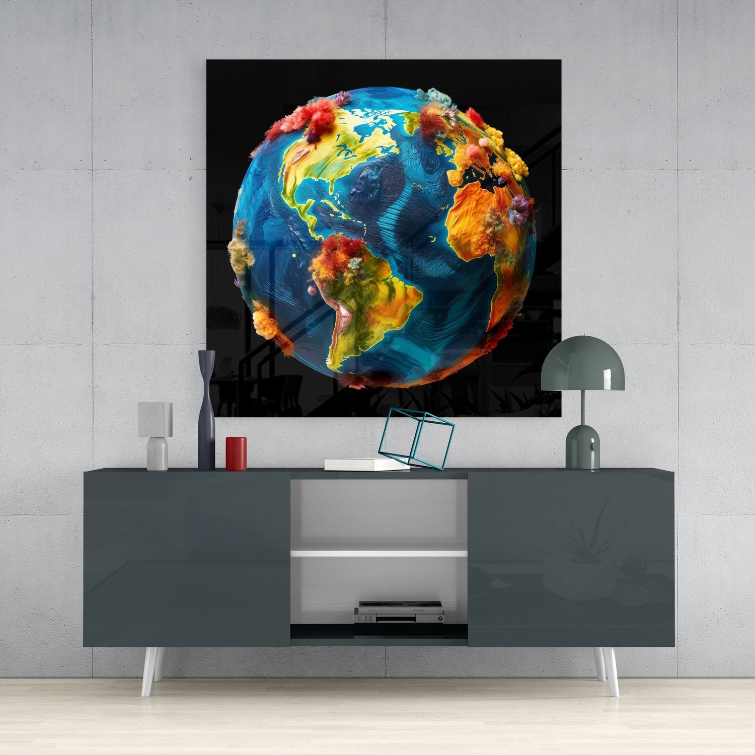 Painted Globe Color Bursts on Black Glass Wall Art