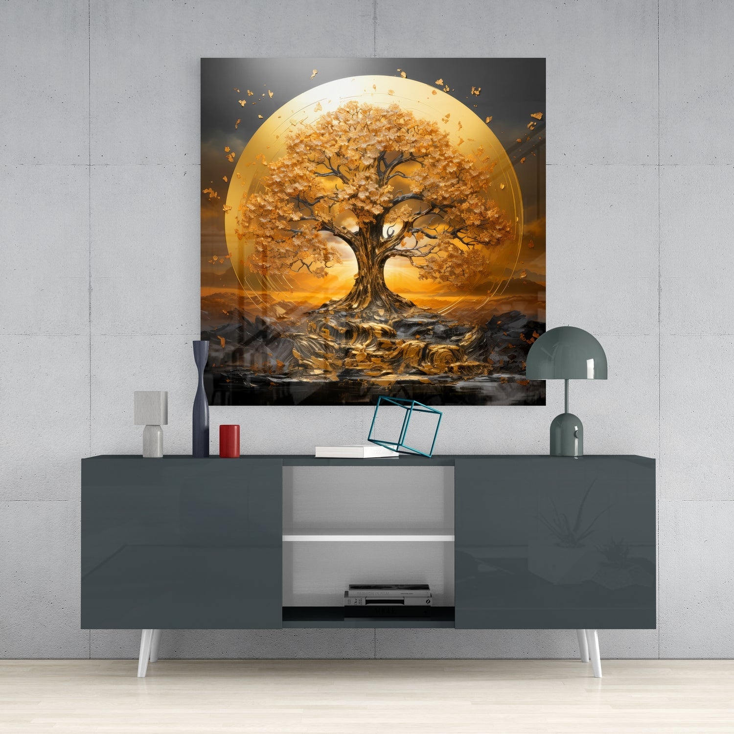 Golden Blossom Tree Of Life Sun Disc Glass Wall Art