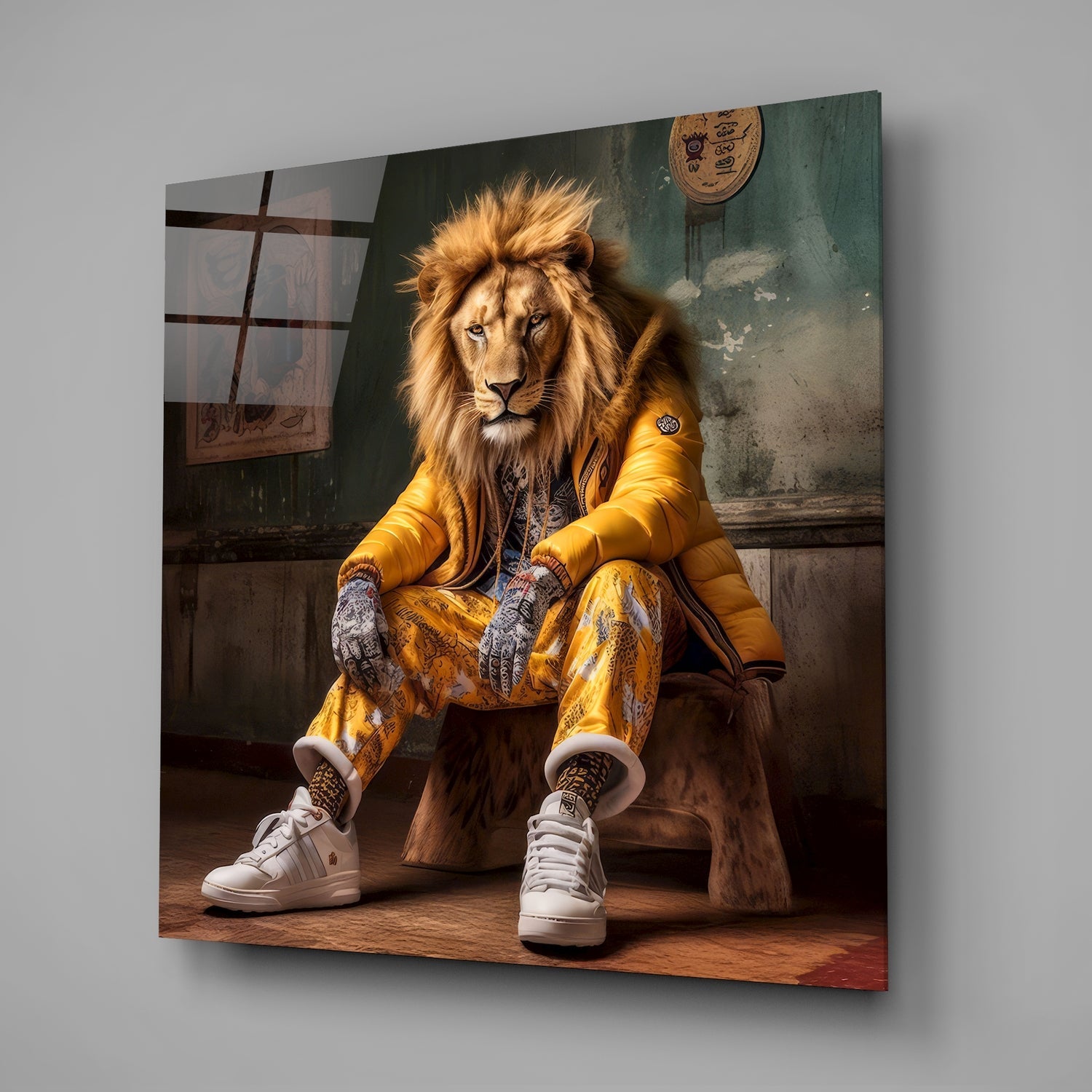 Lion In Yellow Puffer Jacket Sneakers Glass Wall Art
