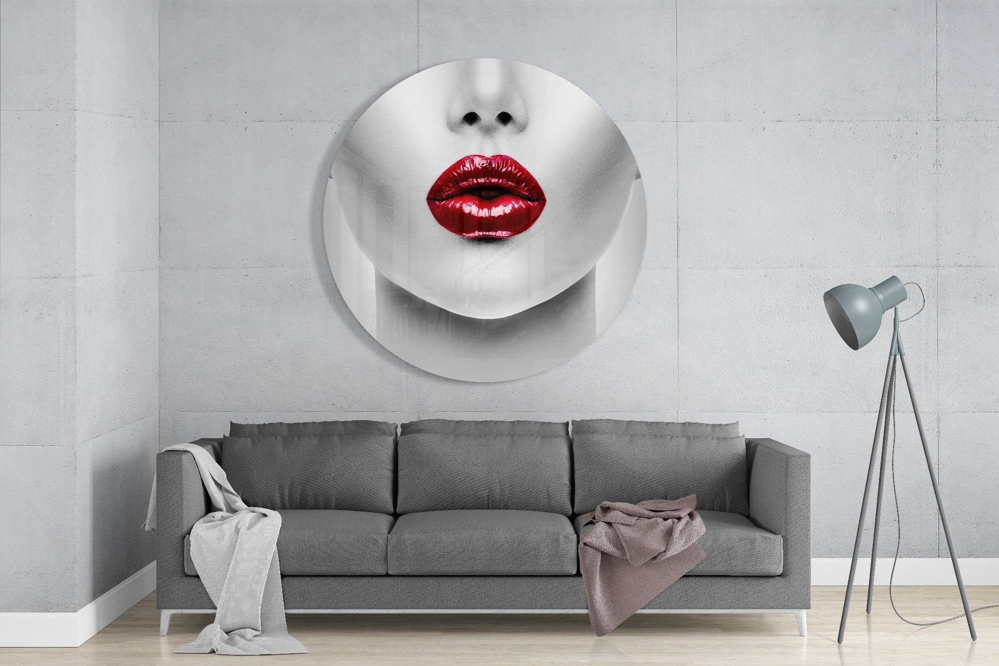 Red Glossy Lips Circle Glass Wall Art