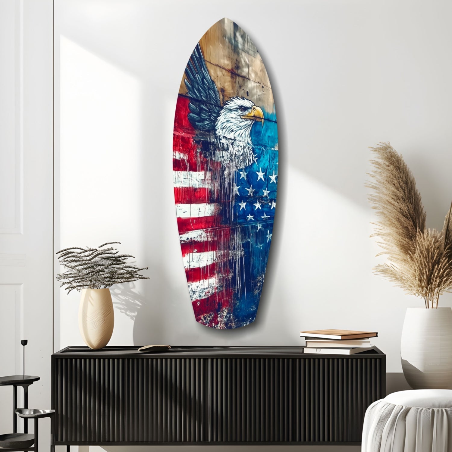 Surfboard Stars And Stripes American Eagle Glass Wall Art