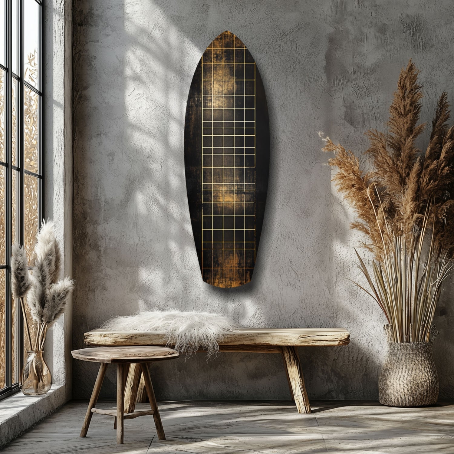Yellow Line Grid Weathered Surfboard Glass Wall Art