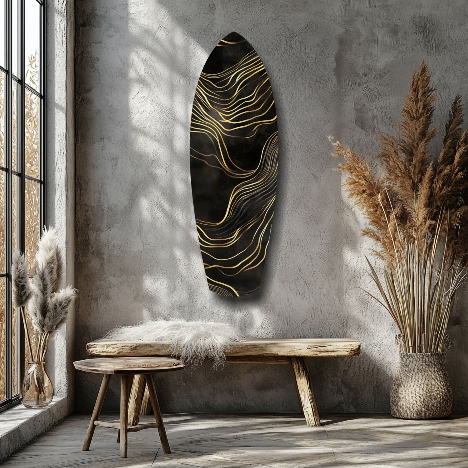 Surfboard Shaped Flowing Line Golden Waves Glass Wall Art