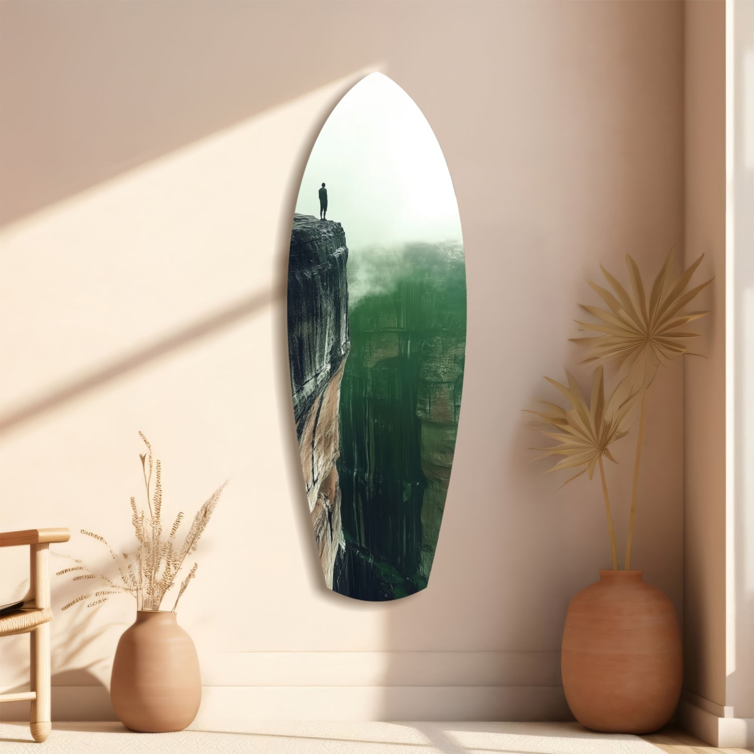 Green Mist Cliff Edge Lone Figure Glass Wall Art