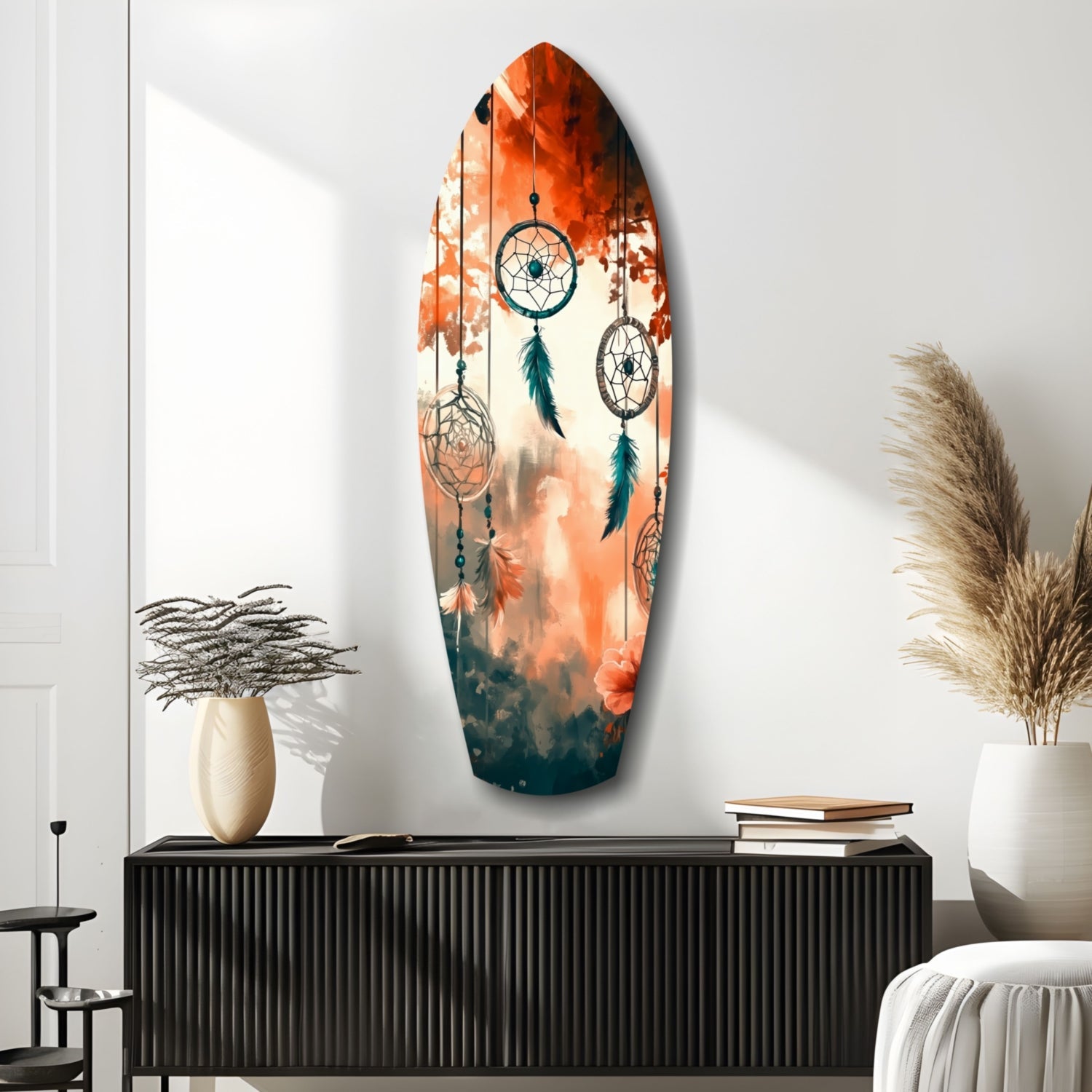 Orange Teal Dreamcatcher Surfboard Glass Wall Art