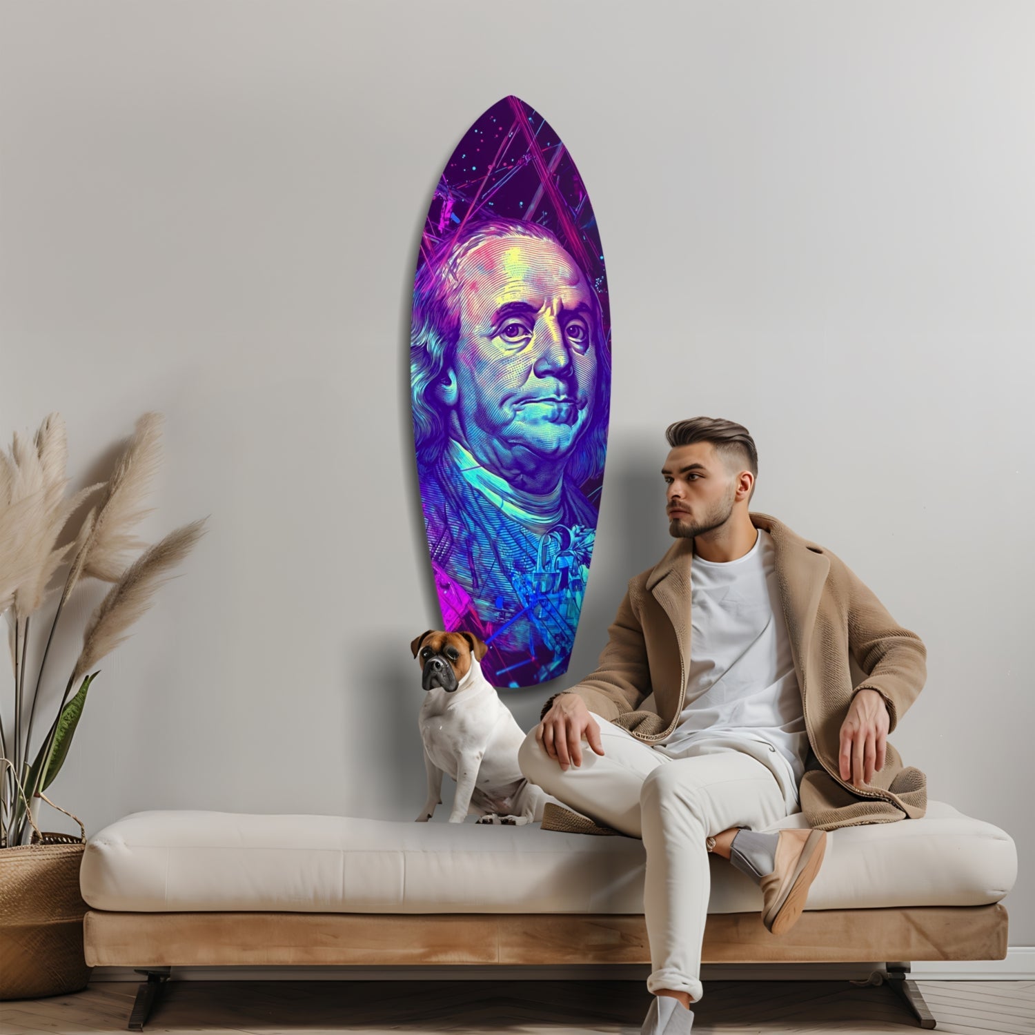 Neon Halftone Banknote Portrait Glass Wall Art