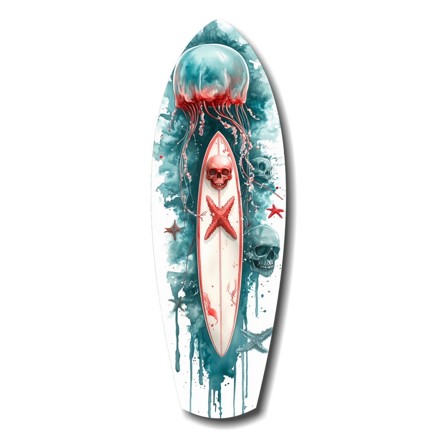Teal Jellyfish Skull Surfboard Glass Wall Art