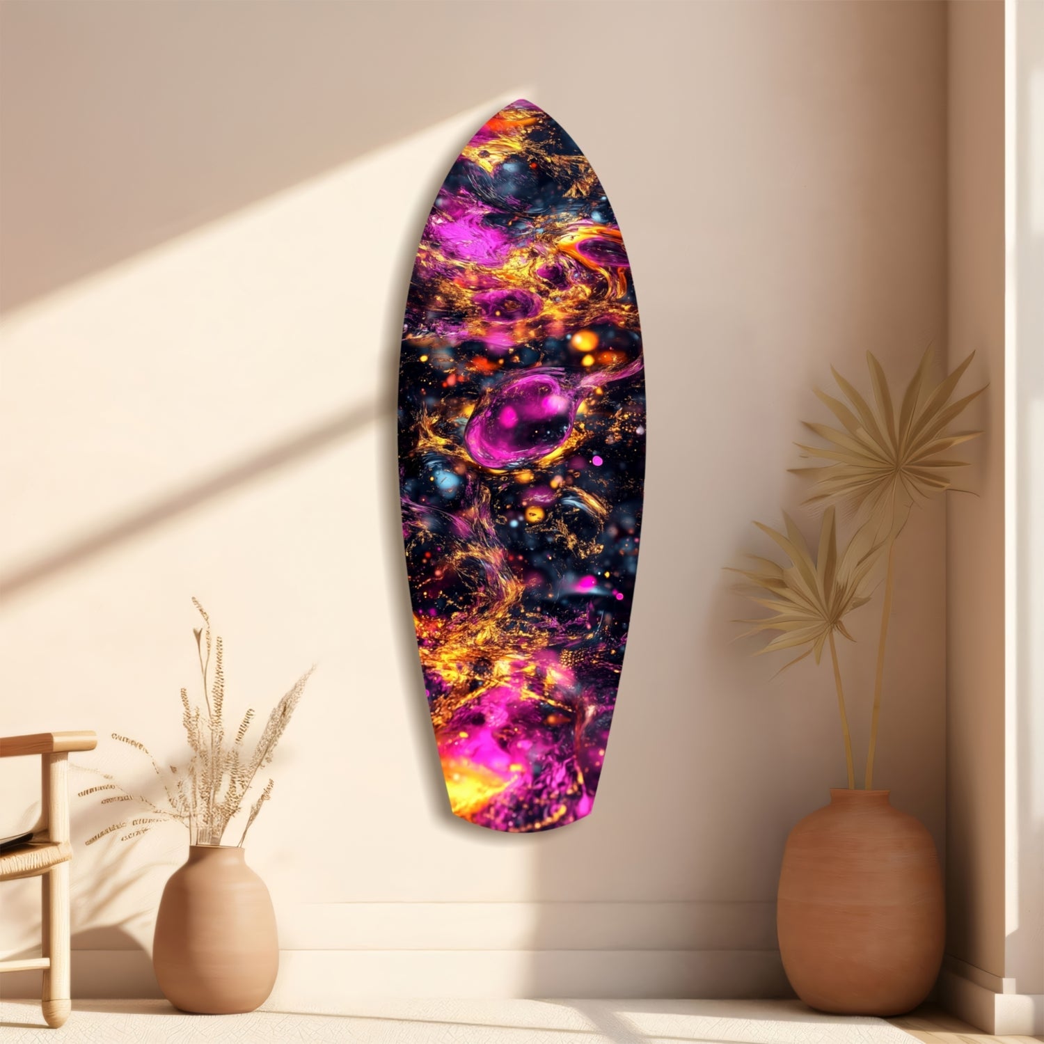Magenta Gold Cosmic Bubbles Surfboard Glass Wall Art